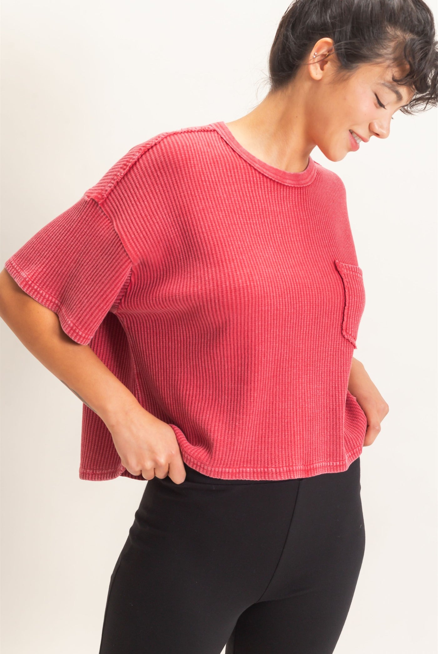Wholesale Mineral Wash Waffle Knit Pocket Top Clothing Tops DZ26E222 DARK RED DOUBLE ZERO