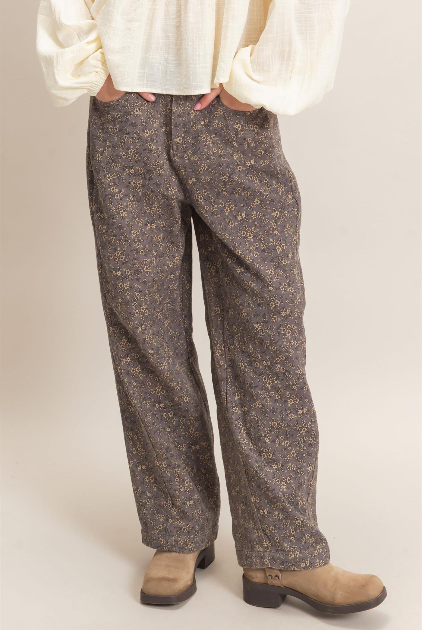 Wholesale Floral Print Garment Wash Barrel Pants Pants HF26C840 ASH HYFVE
