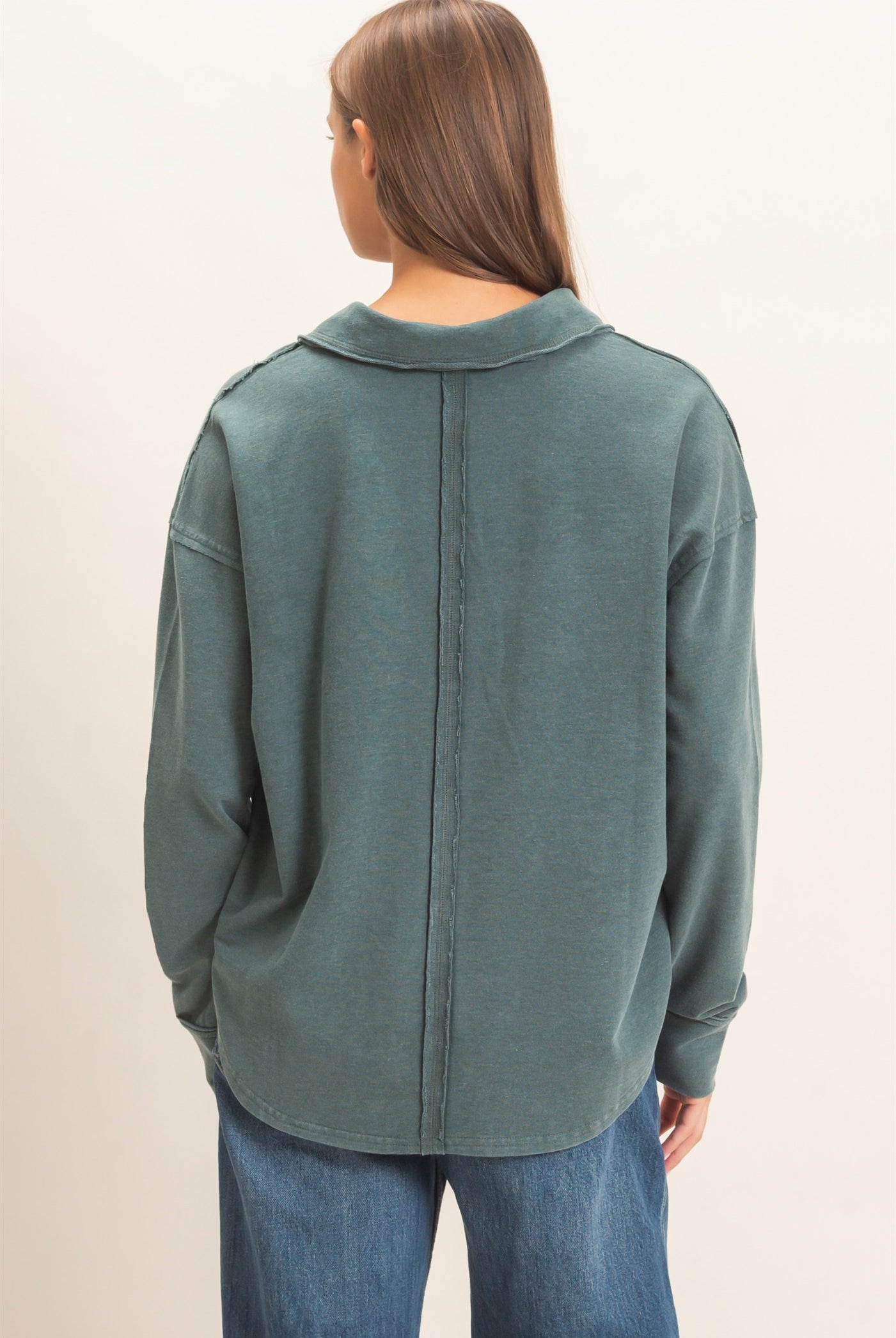 Wholesale Mineral Washed Polo Collar Long Sleeve Top Polos DZ26E887 DARK GREEN DOUBLE ZERO