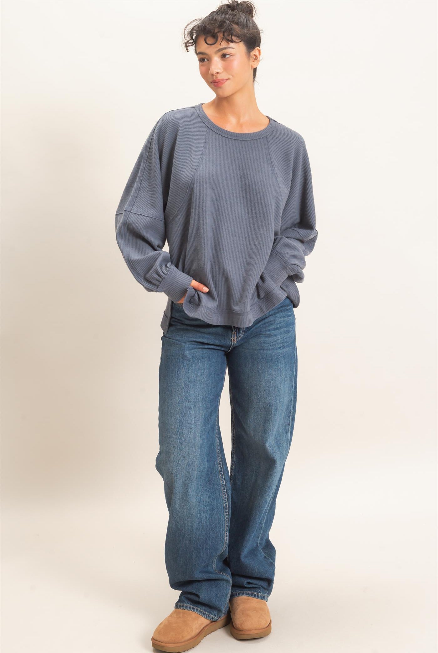 Wholesale Brushed Waffle Long Sleeve Top Clothing Tops DZ26F312 DARK GRAY DOUBLE ZERO