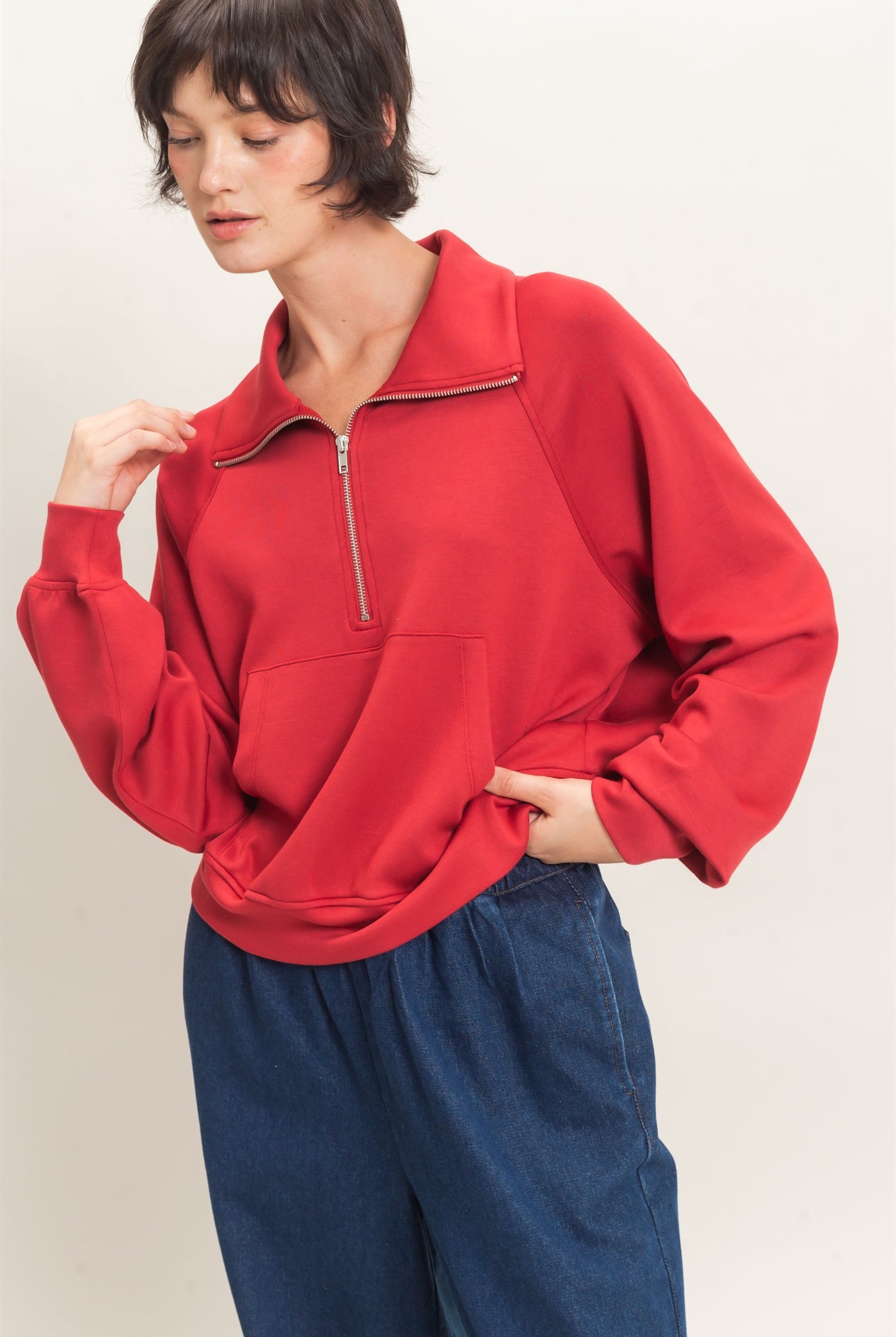 Wholesale Half-Zip Collar Raglan Pullover Sweatshirts DZ26C967 DARK RED DOUBLE ZERO