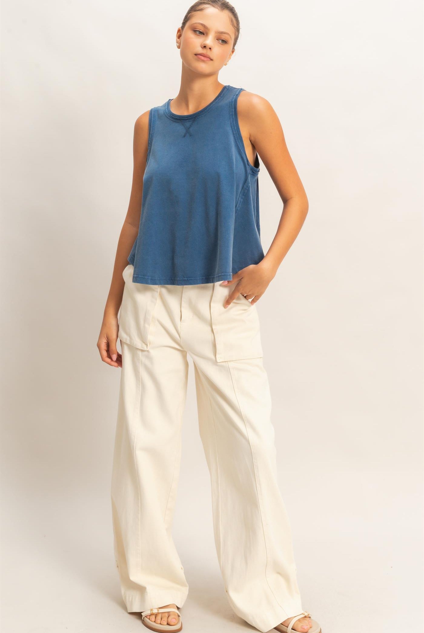 Wholesale Raw Edge Details Sleeveless Washed Top Clothing Tops DZ26E278 NAVY DOUBLE ZERO