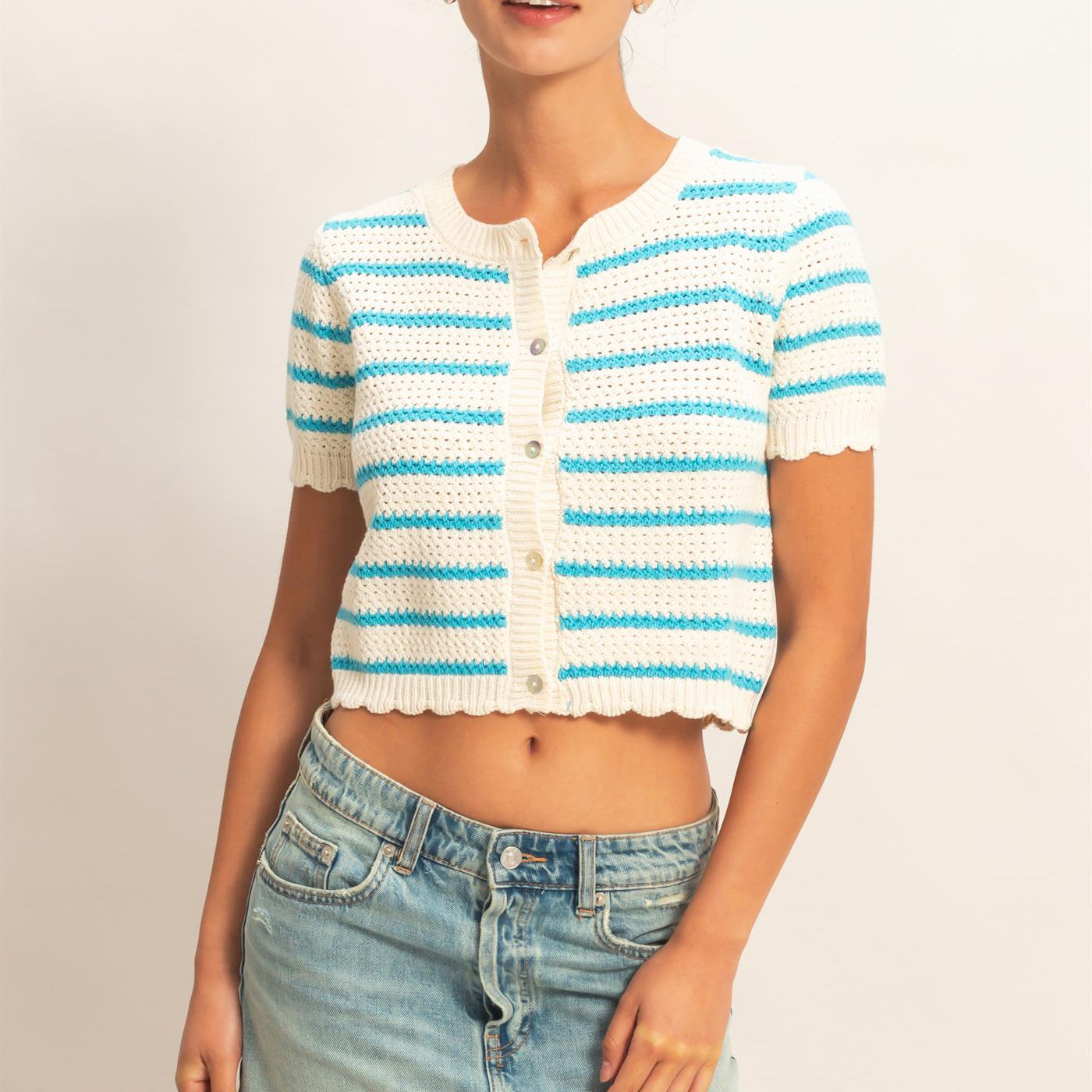 Wholesale Striped Short Sleeve Cardigan With Scallop Edge Cardigans DZ26A605 BLUE DOUBLE ZERO