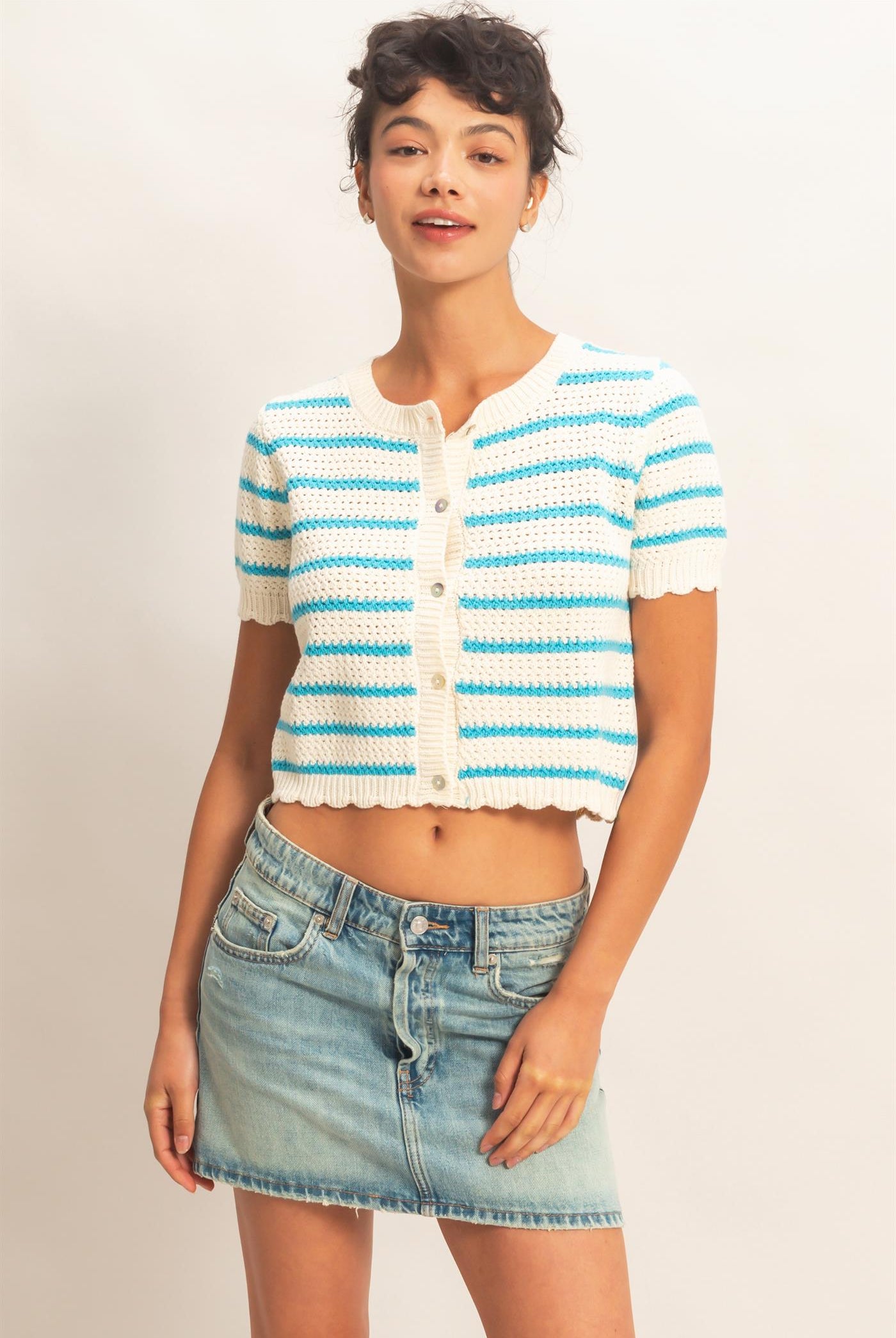 Wholesale Striped Short Sleeve Cardigan With Scallop Edge Cardigans DZ26A605 BLUE DOUBLE ZERO