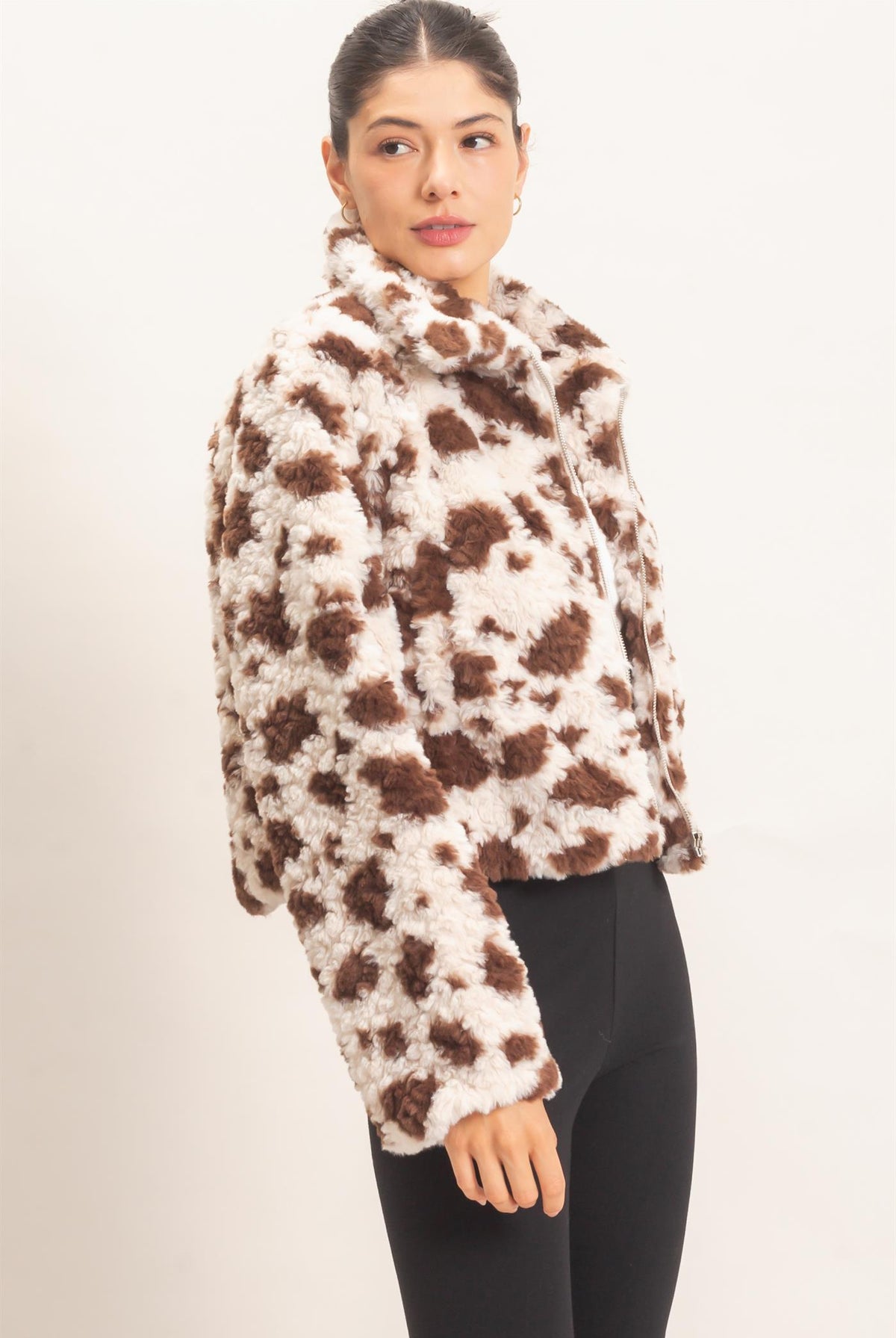 Wholesale Cow Print Faux Fur Zip-Up Jacket Coats & Jackets HF26F056 BROWN HYFVE