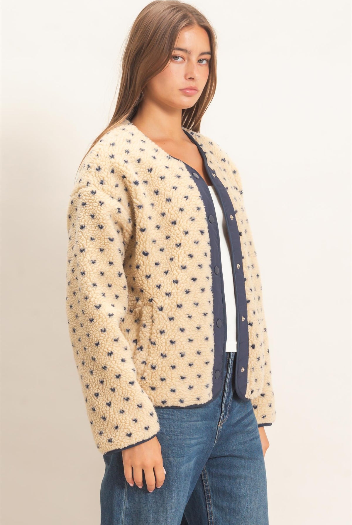 Wholesale Polka Dot Sherpa Jacket Coats & Jackets DZ26F160 NAVY DOUBLE ZERO