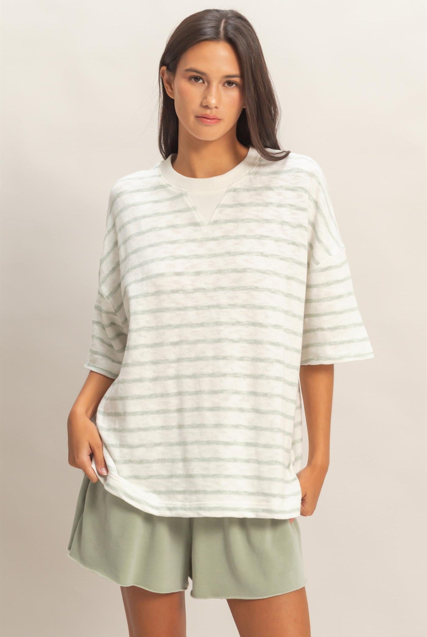 Wholesale Oversized Striped V-Stitch Short Sleeve Top Clothing Tops DZ26A455 SAGE GREEN DOUBLE ZERO
