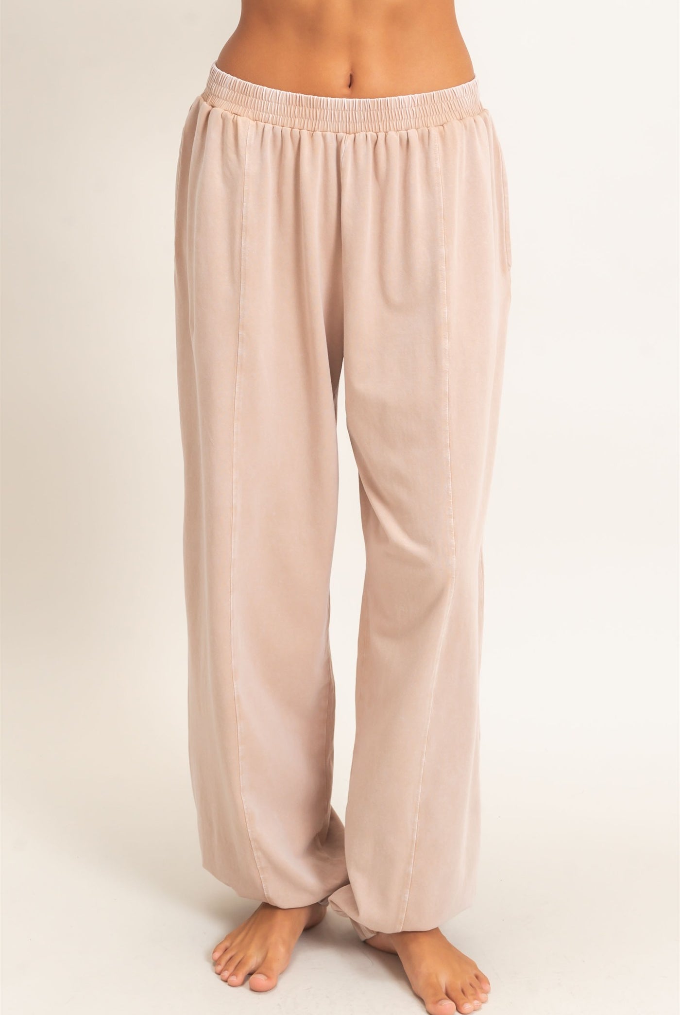 Wholesale Mineral Wash Elastic Waist Jogger Pants Joggers DZ26F405 DARK TAUPE DOUBLE ZERO