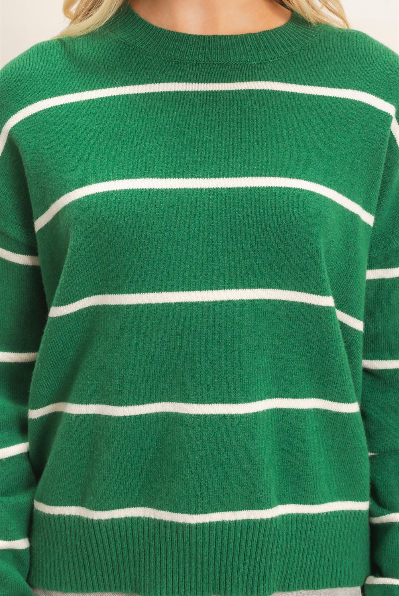 Wholesale Striped Ribbed Crew Neck Sweater Sweaters HF26F169 GREEN HYFVE