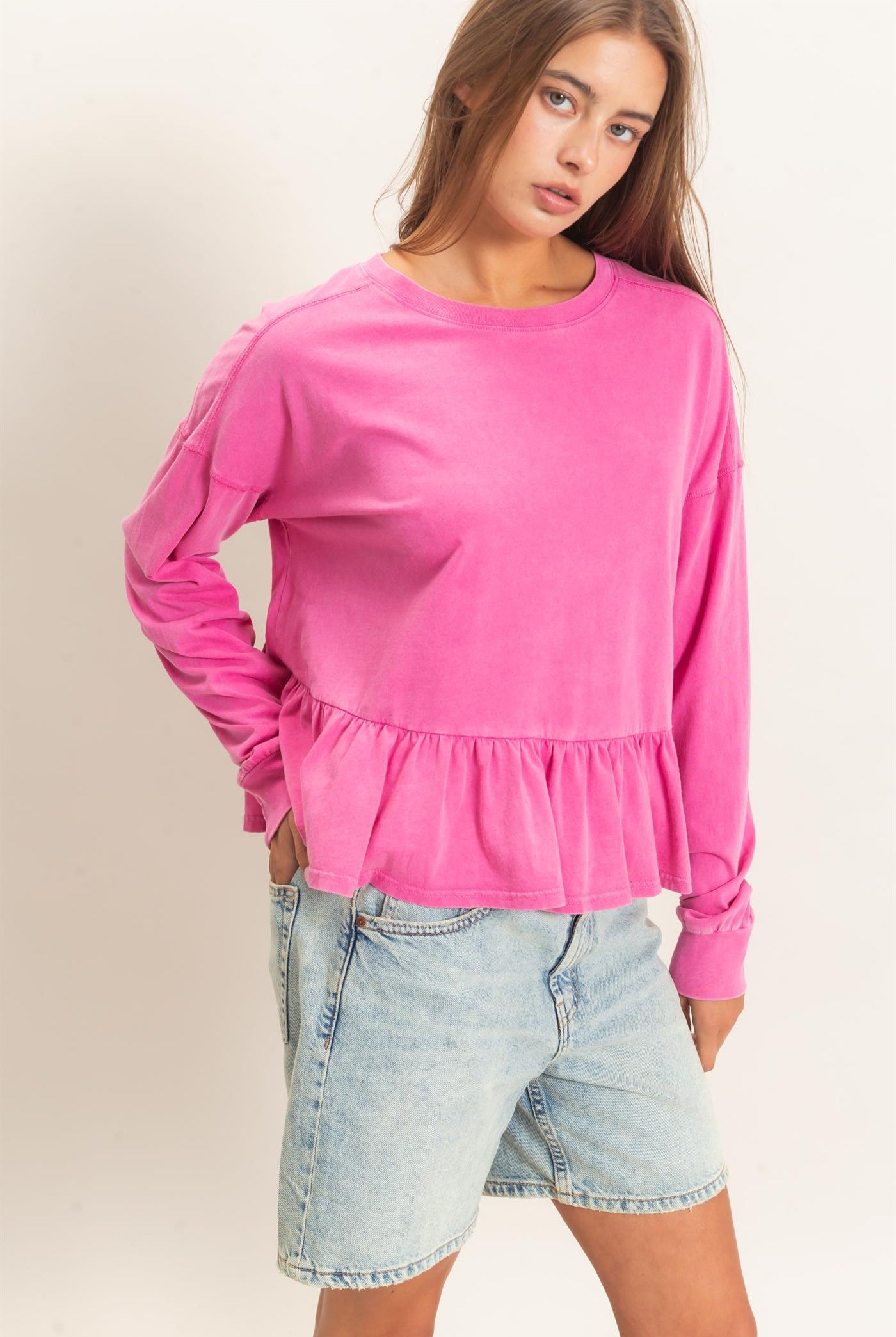 Wholesale Peplum Long Sleeve Top Clothing Tops DZ26F397 FUCHSIA DOUBLE ZERO