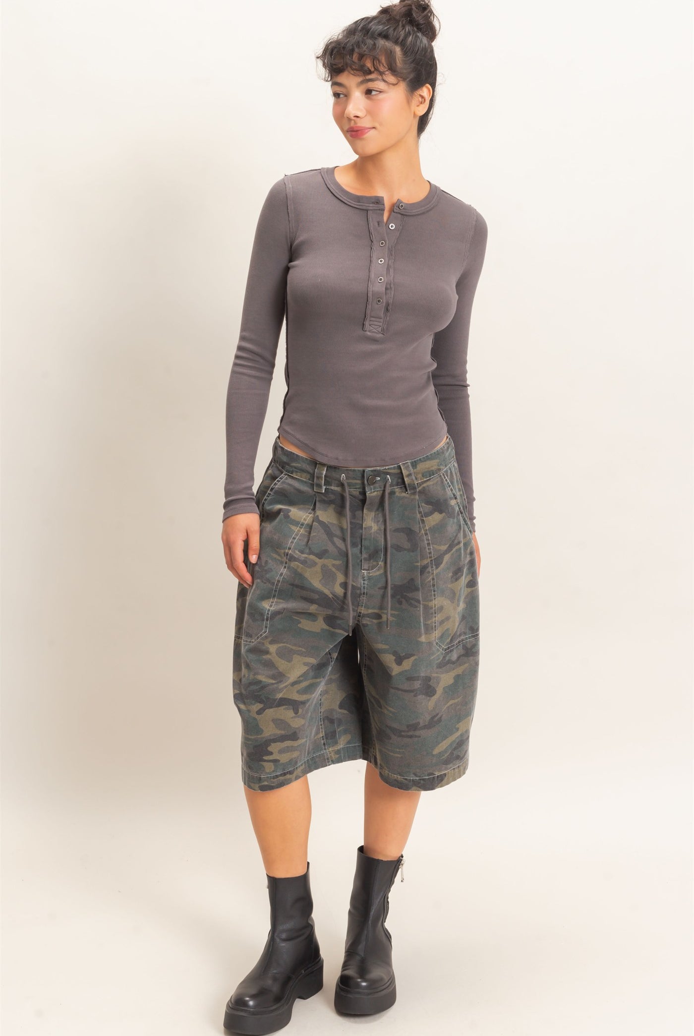 Wholesale Pigment Dye Henley Long Sleeve Top Clothing Tops DZ26C882 CHARCOAL DOUBLE ZERO