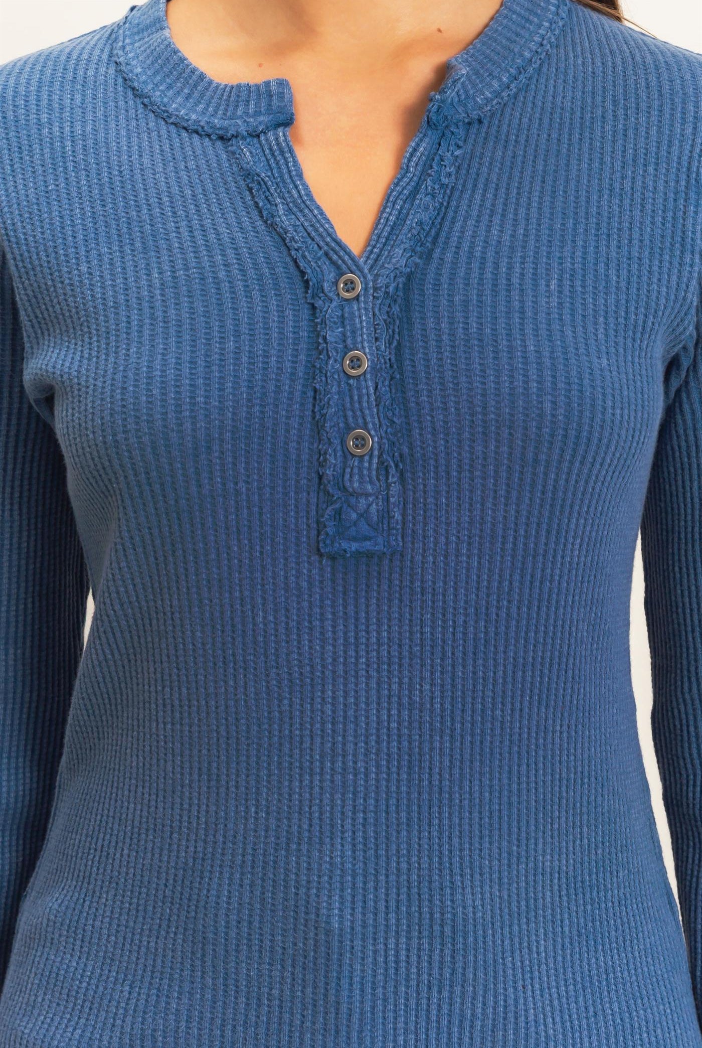 Wholesale Mineral Wash Waffle Henley Long Sleeve Top Clothing Tops DZ26E243 NAVY DOUBLE ZERO