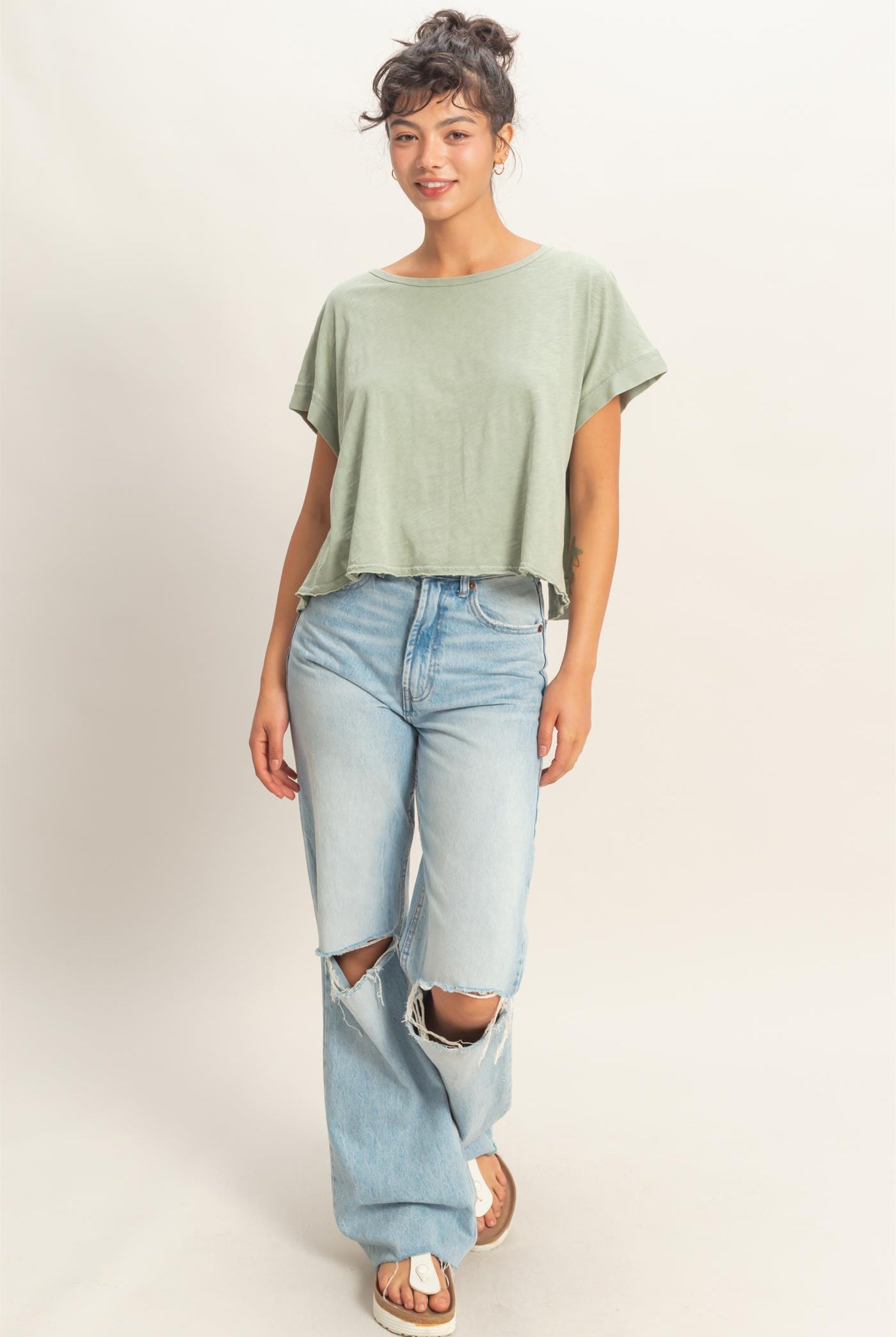 Wholesale Acid Wahsed Cross Detail Open Back Top Clothing Tops DZ26A225 SAGE GREEN DOUBLE ZERO