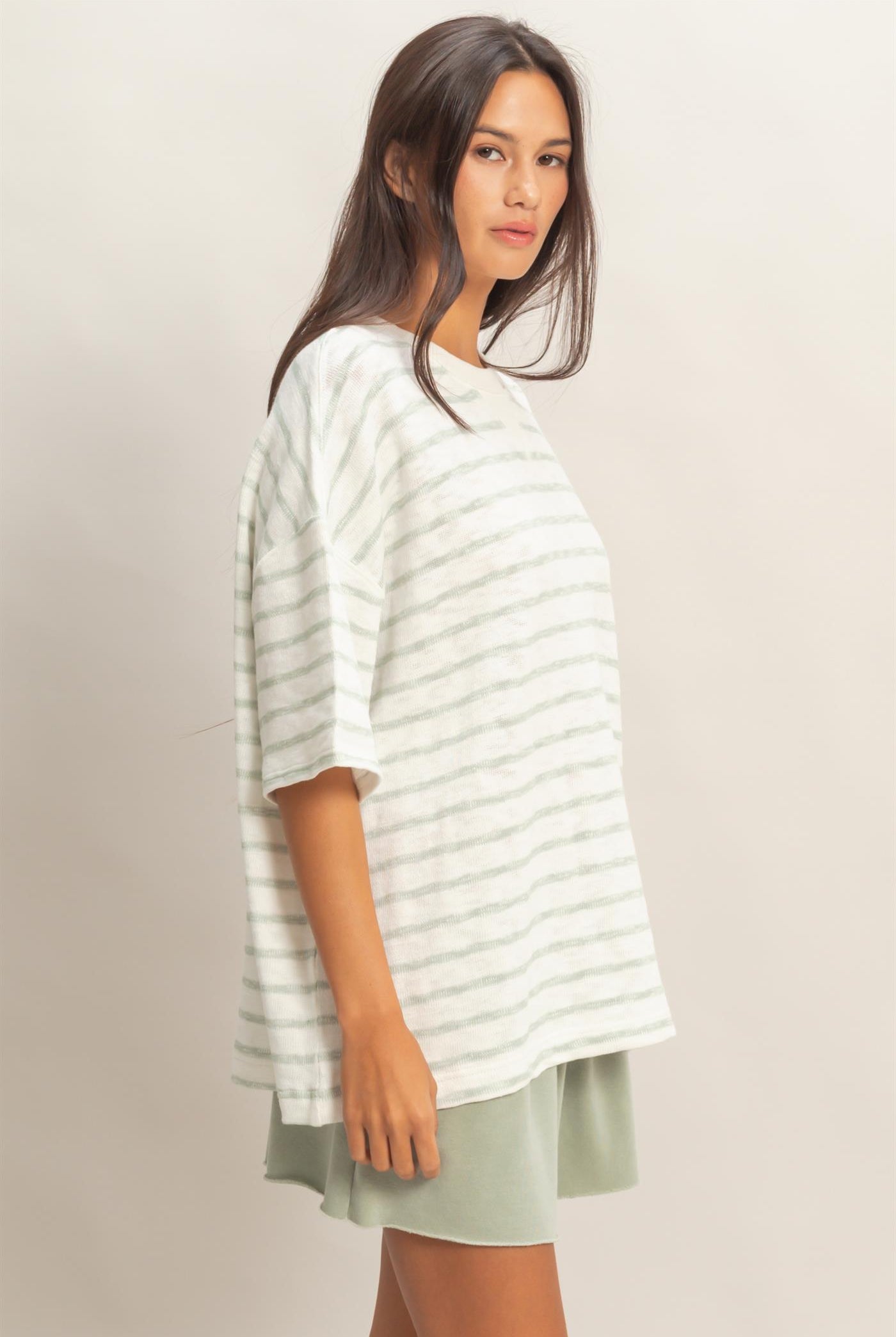 Wholesale Oversized Striped V-Stitch Short Sleeve Top Clothing Tops DZ26A455 SAGE GREEN DOUBLE ZERO