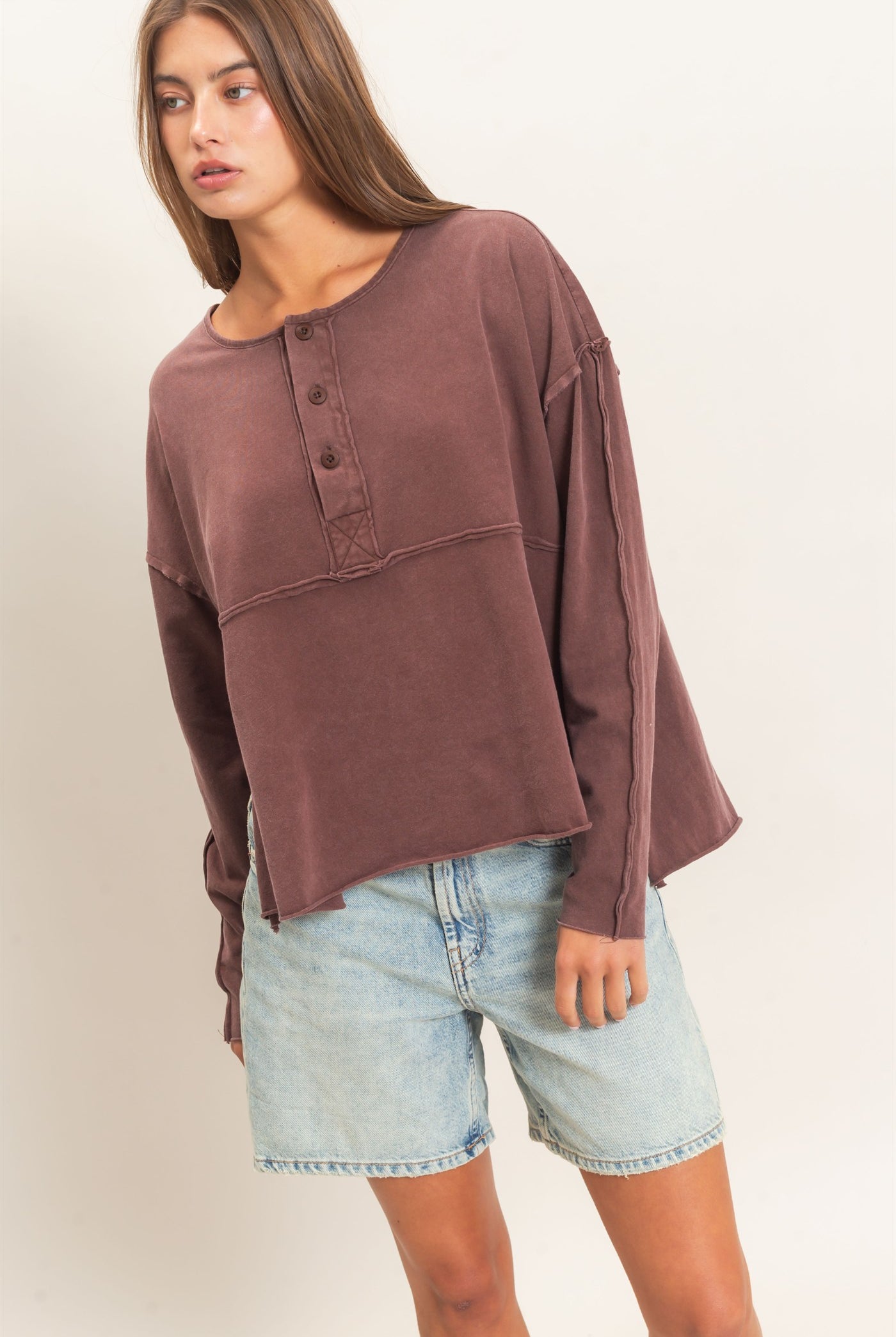 Wholesale Oversized Henley Top With Raw Edges Clothing Tops DZ26F128 DARK BROWN DOUBLE ZERO