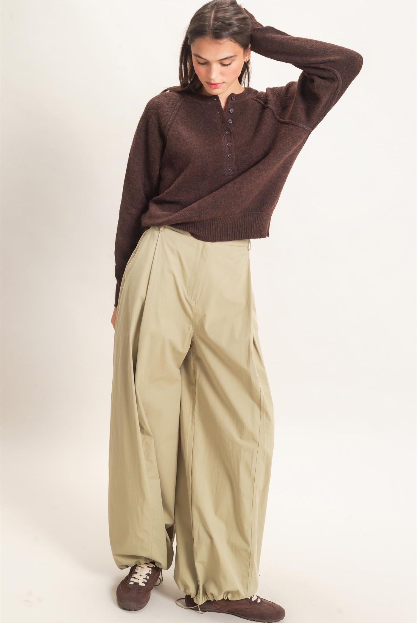 Wholesale Button Front Raglan Sweater Sweaters HF26E152 BROWN HYFVE