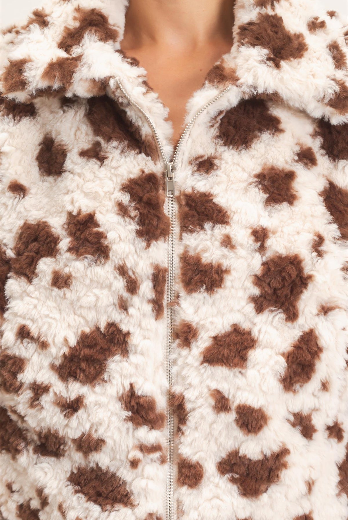 Wholesale Cow Print Faux Fur Zip-Up Jacket Coats & Jackets HF26F056 BROWN HYFVE