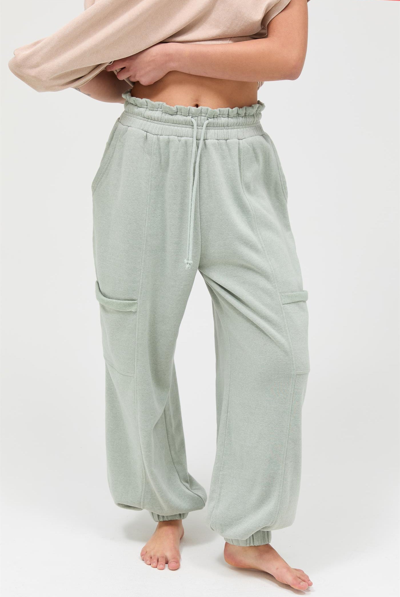 Wholesale Ruffle Waist Burnout Jogger Pants Joggers DZ26A685 SAGE GREEN DOUBLE ZERO