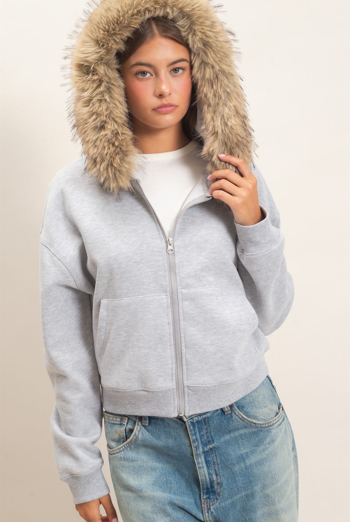Wholesale Detachable Fur Zip Up Hoodie Hoodies DZ26F396 HEATHER GRAY DOUBLE ZERO