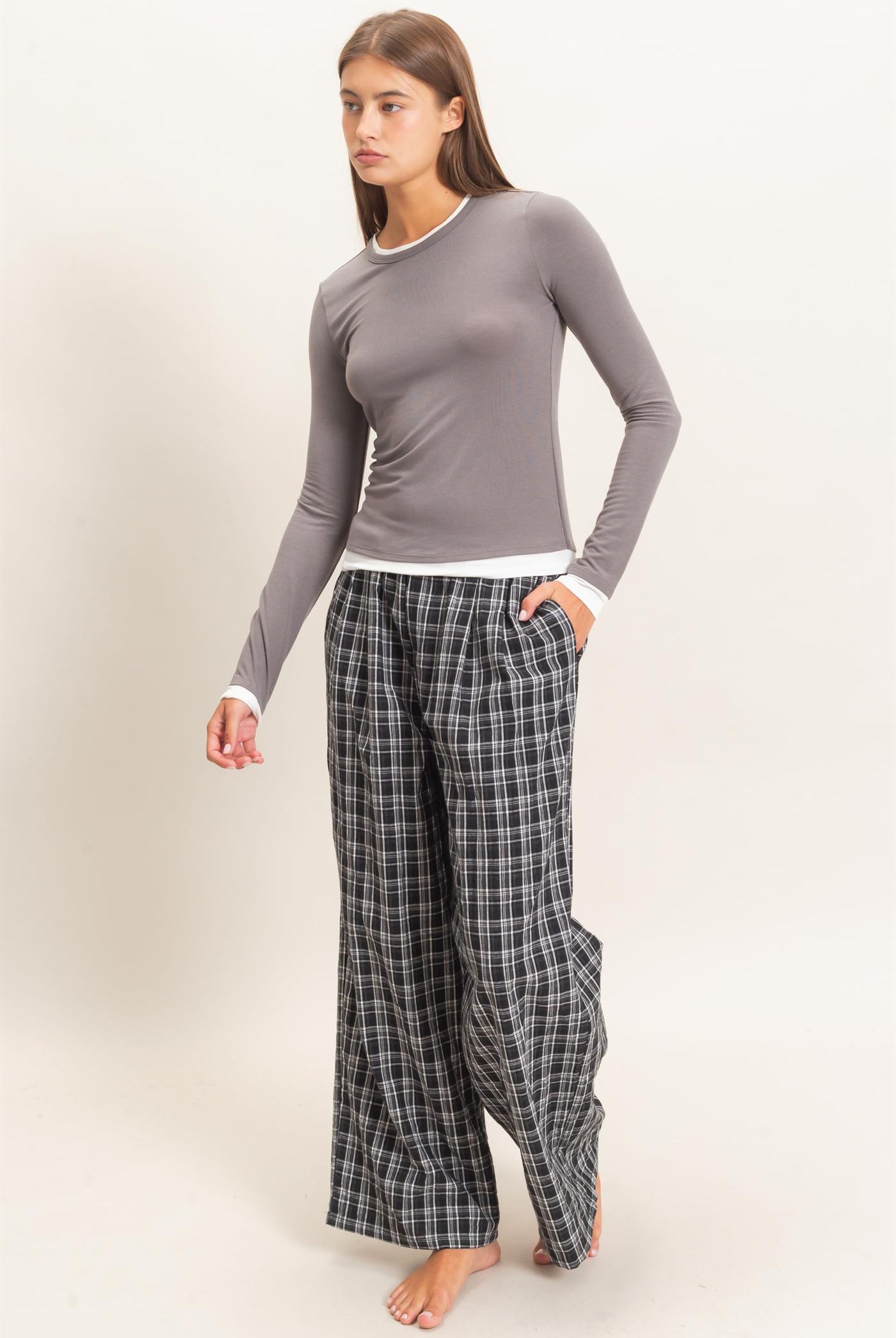 Wholesale Layered Effect Long Sleeve Top Clothing Tops DZ26F341 CHARCOAL DOUBLE ZERO