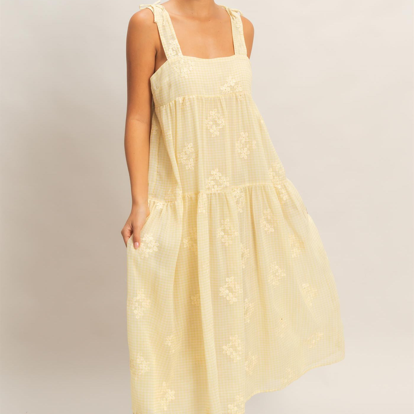 Wholesale Tiered Gingham Dress With Embroidery Dresses HF26A695 YELLOW HYFVE