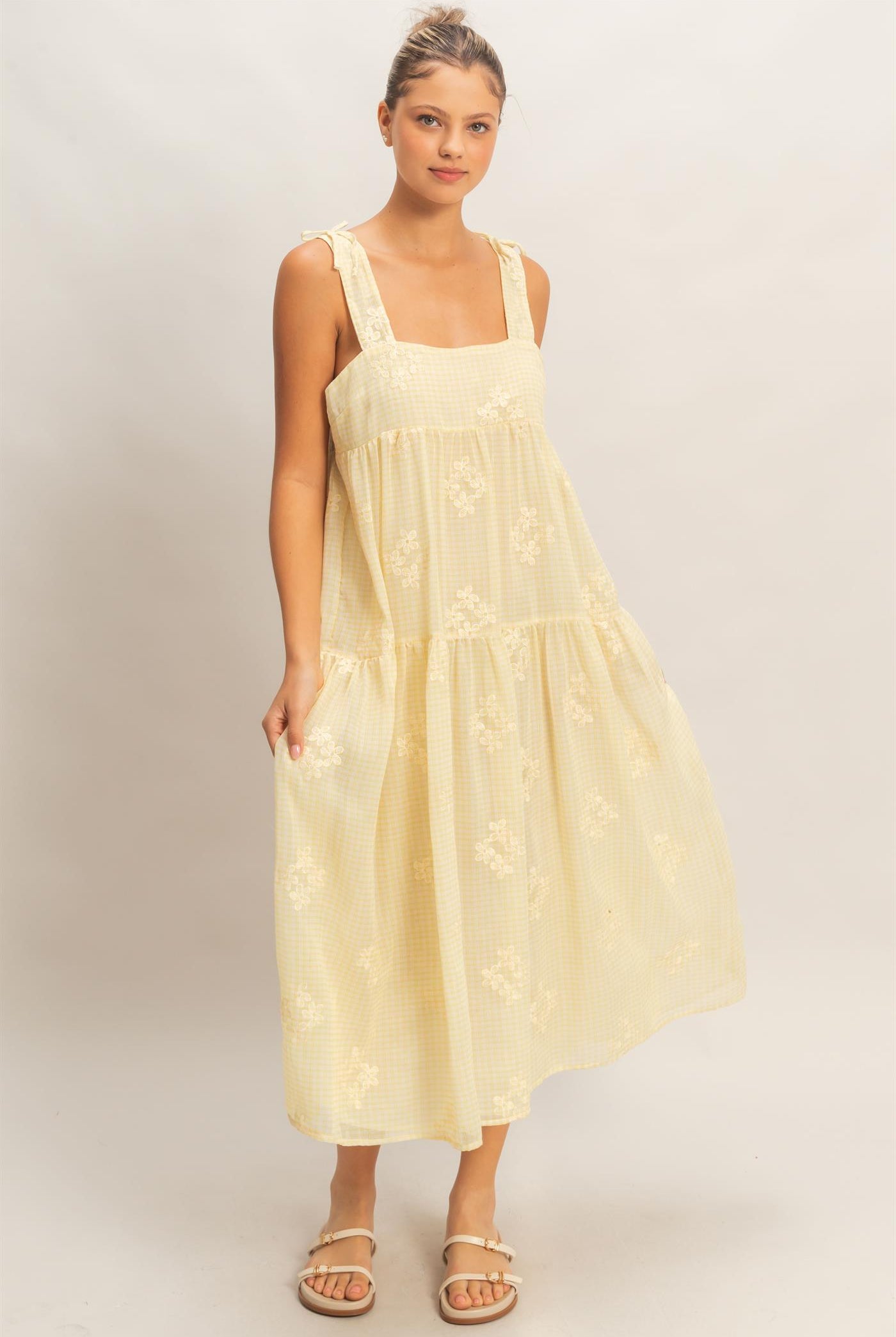 Wholesale Tiered Gingham Dress With Embroidery Dresses HF26A695 YELLOW HYFVE