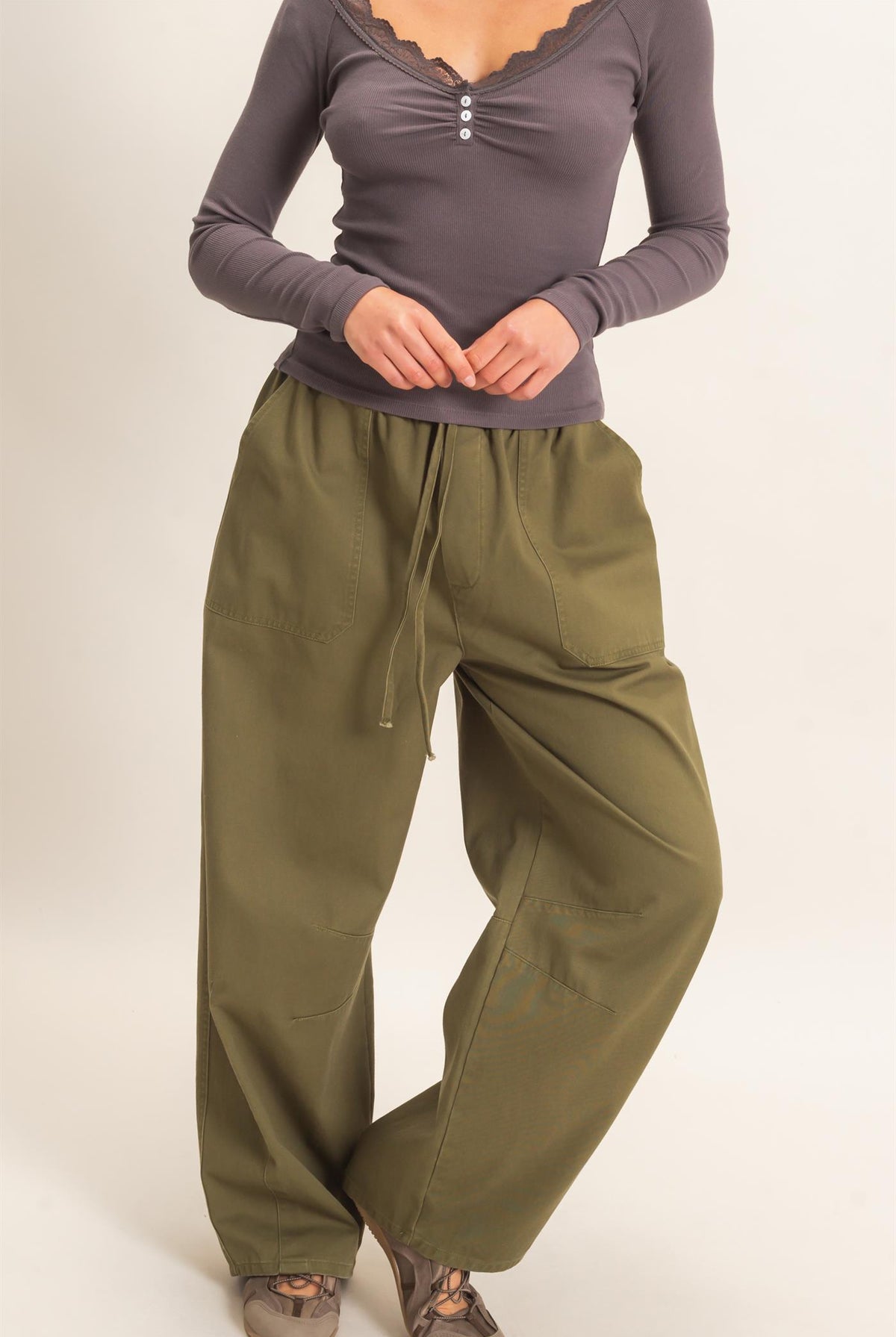 Wholesale Twill Elastic Waist Barrel Pants Pants DZ27A228 DARK OLIVE DOUBLE ZERO