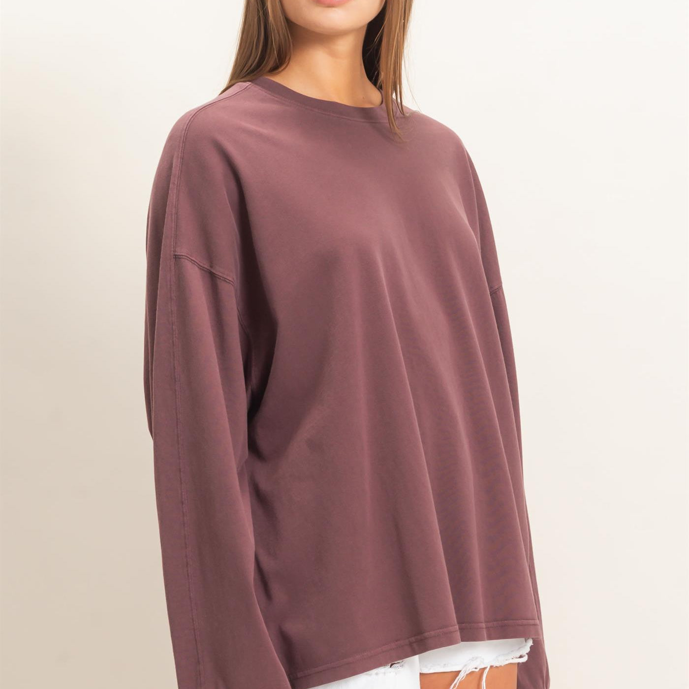 Wholesale Pigment Dye Oversized Long Sleeve Top Clothing Tops DZ26A825 COCOA DOUBLE ZERO