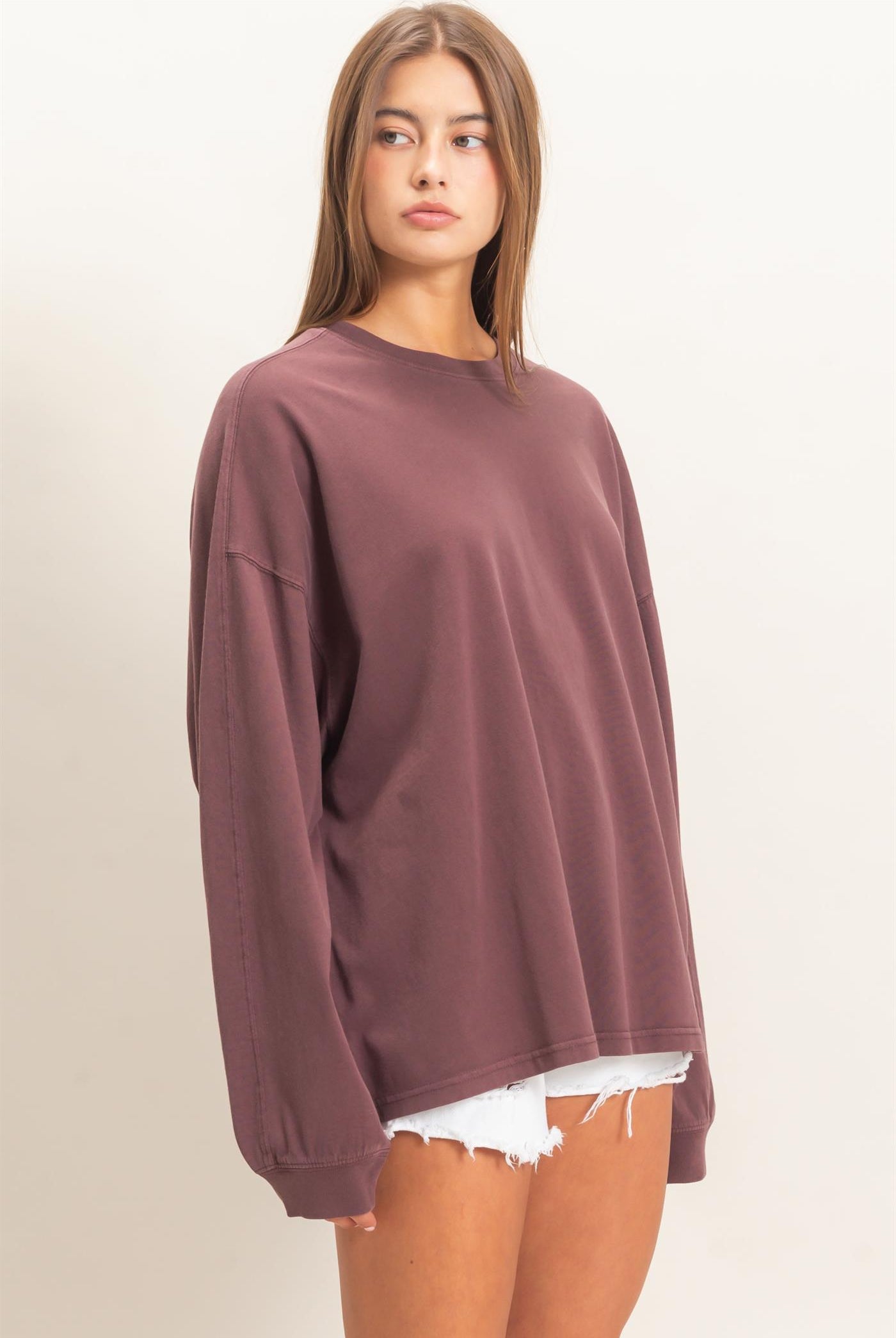 Wholesale Pigment Dye Oversized Long Sleeve Top Clothing Tops DZ26A825 COCOA DOUBLE ZERO