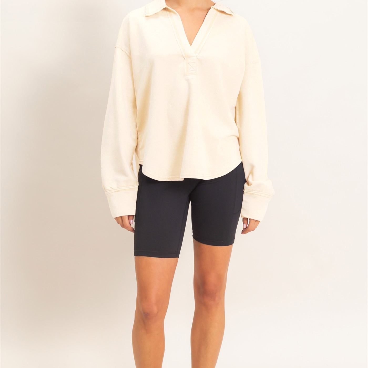 Wholesale Mineral Washed Polo Collar Long Sleeve Top Polos DZ26E887 ALPACA DOUBLE ZERO