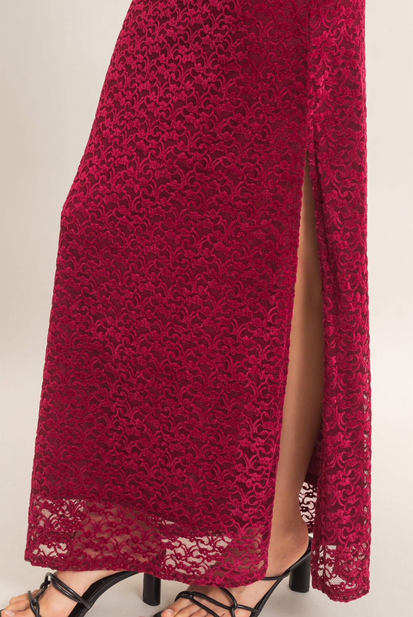 Wholesale Velvet Lace Maxi Skirt Skirts HF26E702 BURGUNDY HYFVE