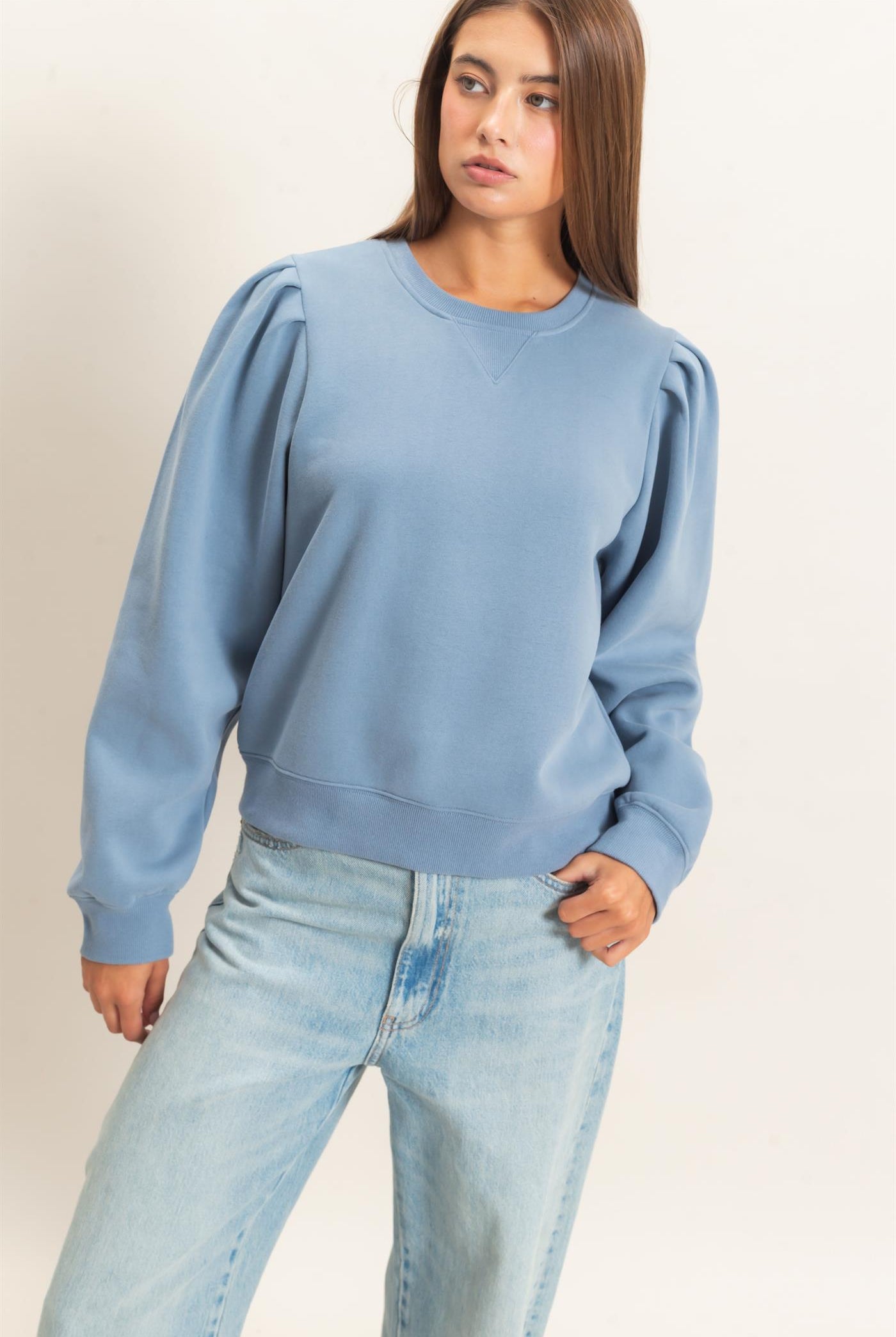Wholesale Puff Sleeve Crew Neck Sweatshirt Sweatshirts DZ26E110 DUSTY BLUE DOUBLE ZERO