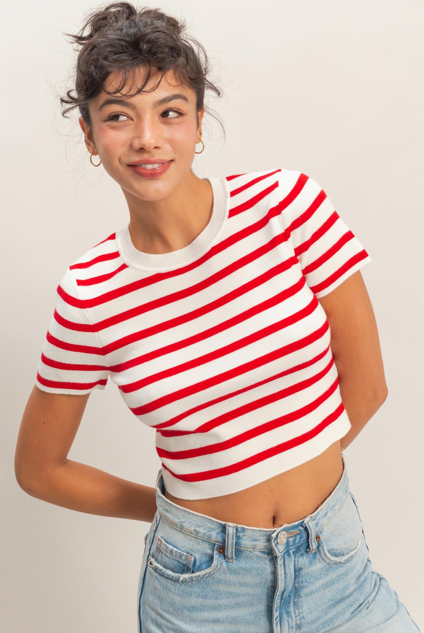 Wholesale Striped And Knit Crew Neck Crop Top Clothing Tops DZ26A139 RED DOUBLE ZERO