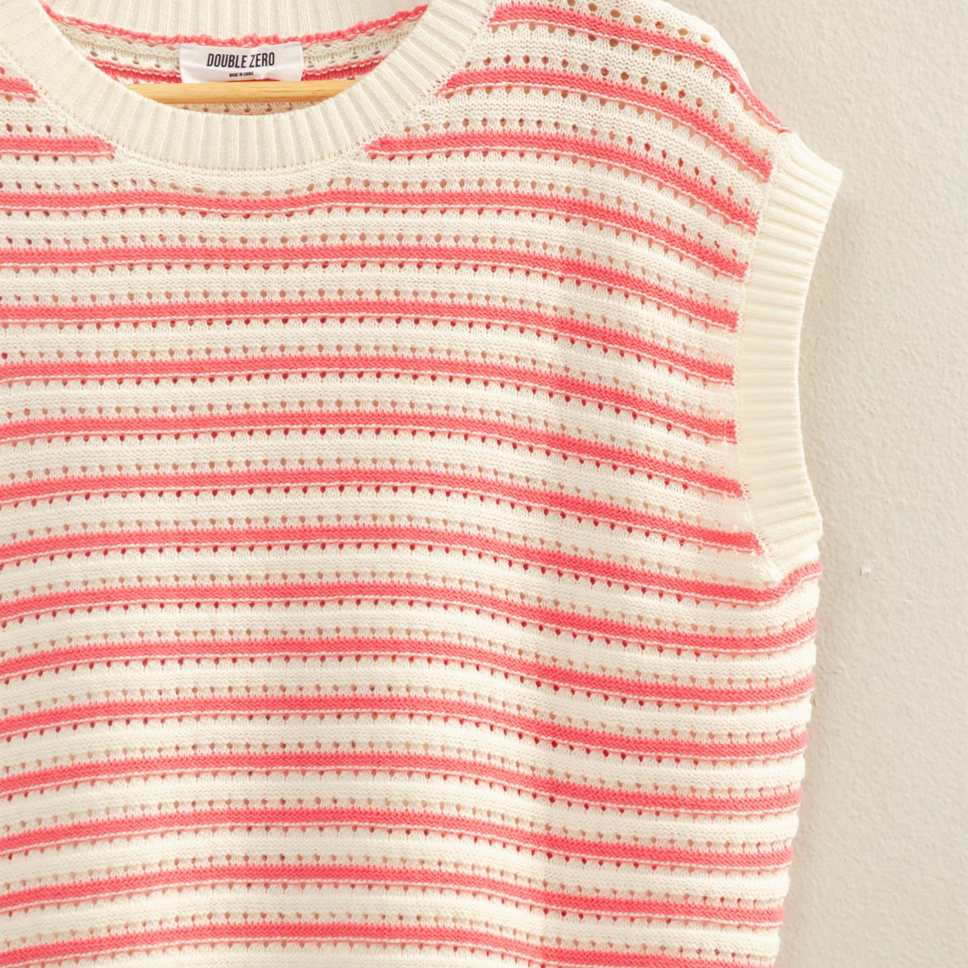 Wholesale Striped Sleeveless Crew Neck Top Sweaters DZ26A222 TAFFY PINK DOUBLE ZERO