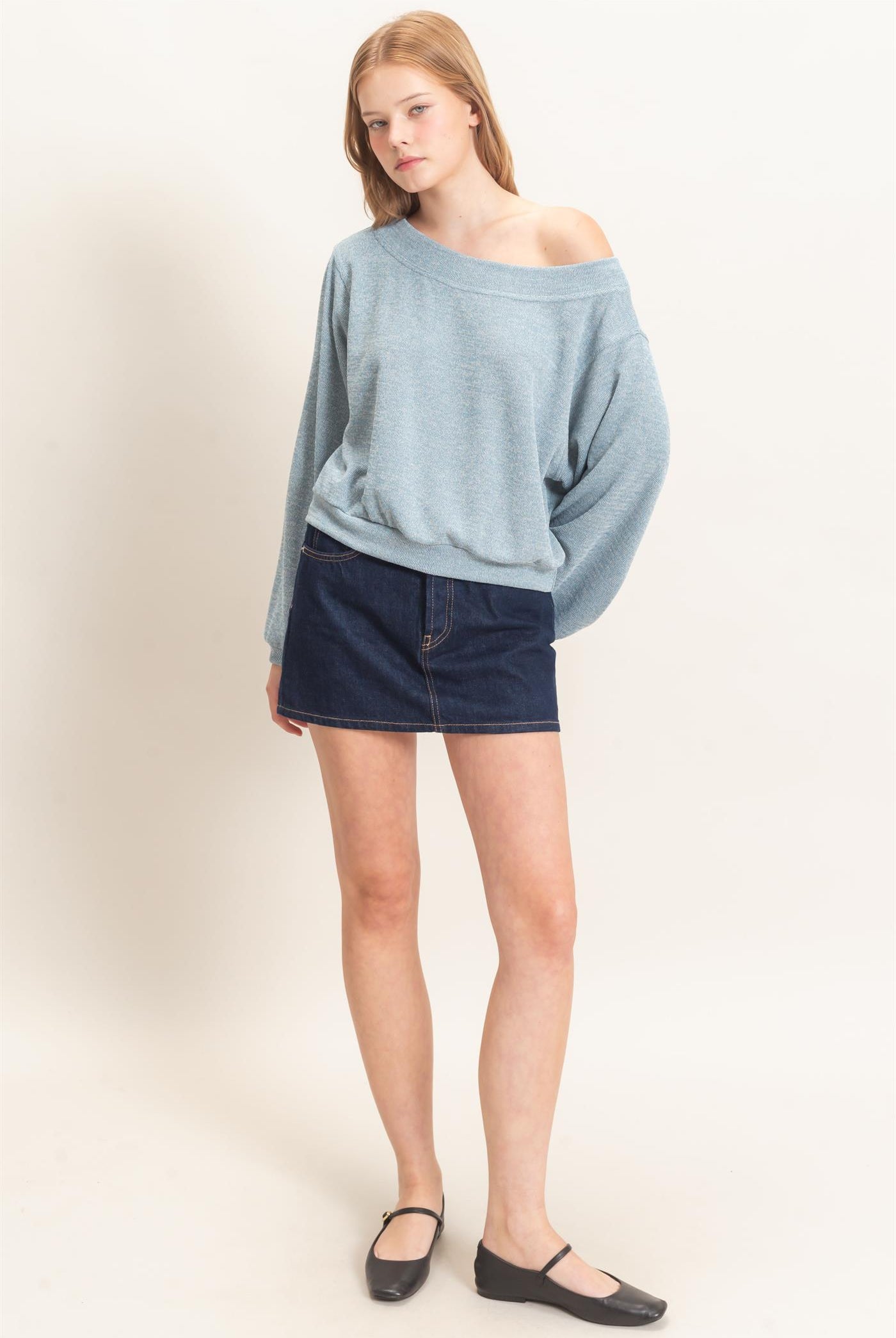 Wholesale Off Shoulder Knit Sweatshirt Blouses HF26F028 BLUE HYFVE
