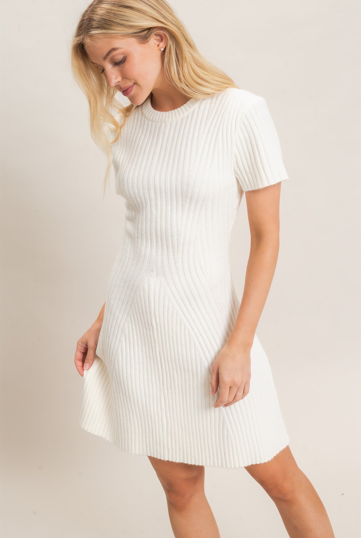 Wholesale Ribbed Crew Neck Dress Dresses HF26C989 CREAM HYFVE
