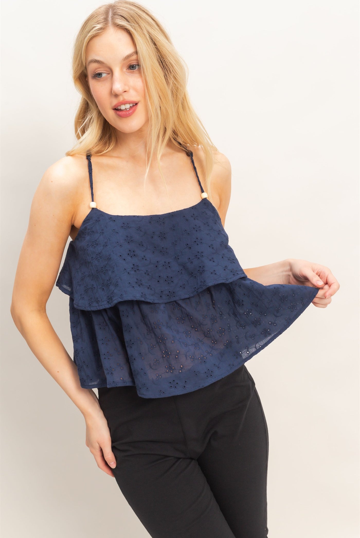 Wholesale Tiered Floral Eyelet Top Blouses HF26A852 NAVY HYFVE