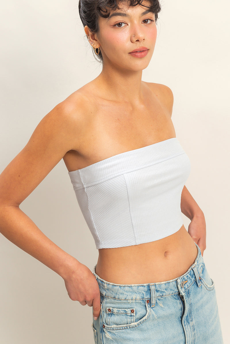 Wholesale Strapless Ribbed Crop Top Clothing Tops DZ23E512 ARCTIC BLUE DOUBLE ZERO