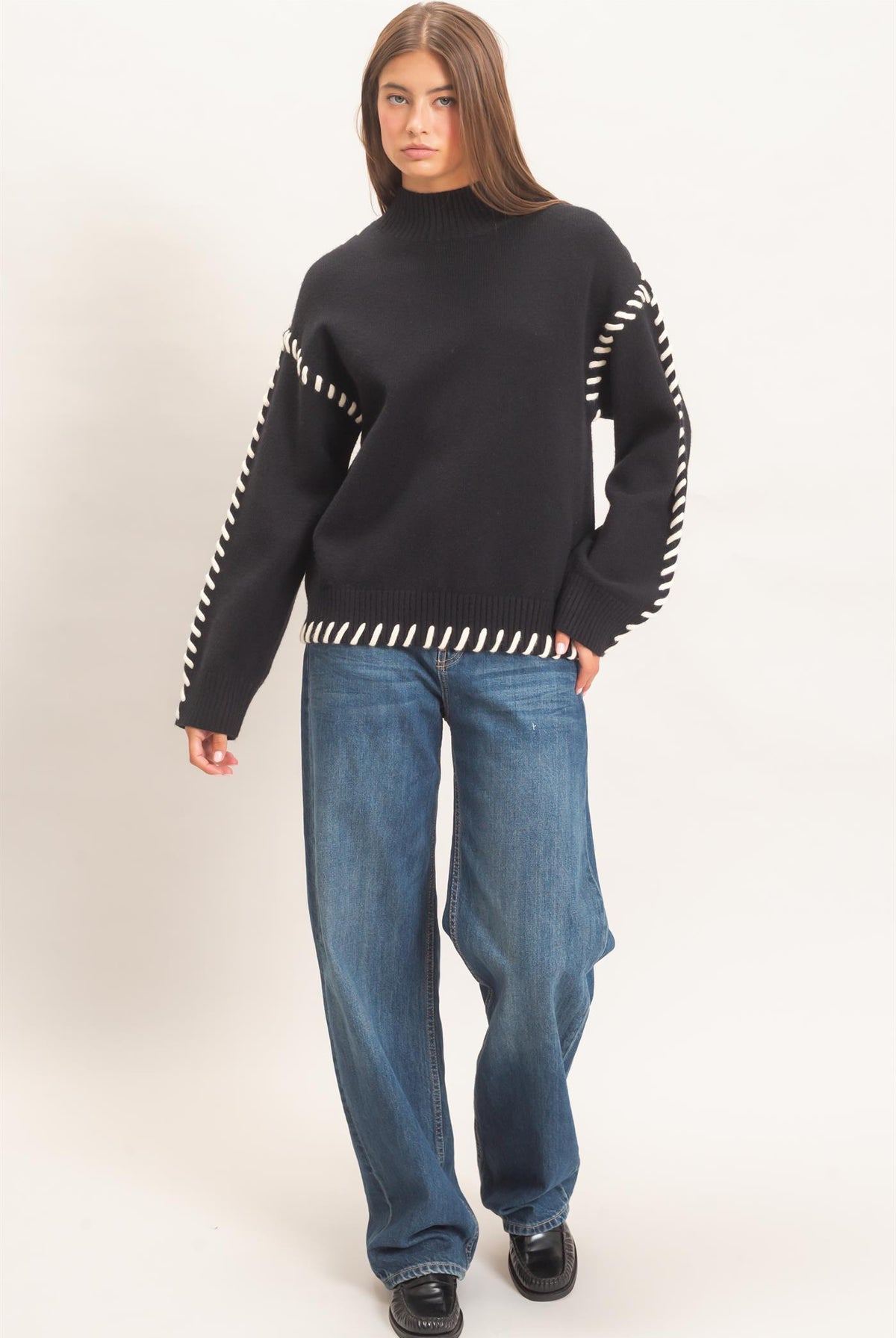 Wholesale Blanket Stitch High Neck Sweater Sweaters DZ27A190 BLACK DOUBLE ZERO