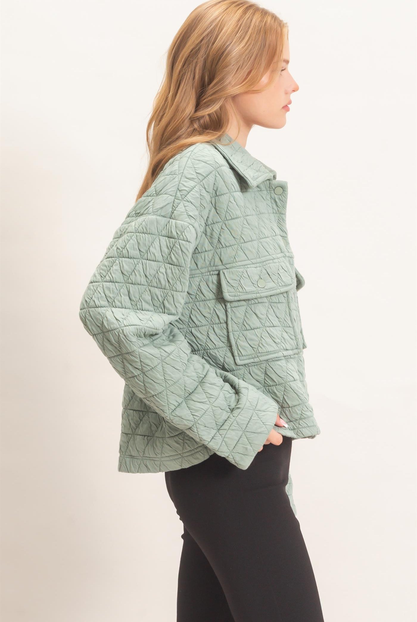 Wholesale Triangle Quilted Button-Up Jacket Coats & Jackets HF26F145 DUSTY SAGE DOUBLE ZERO