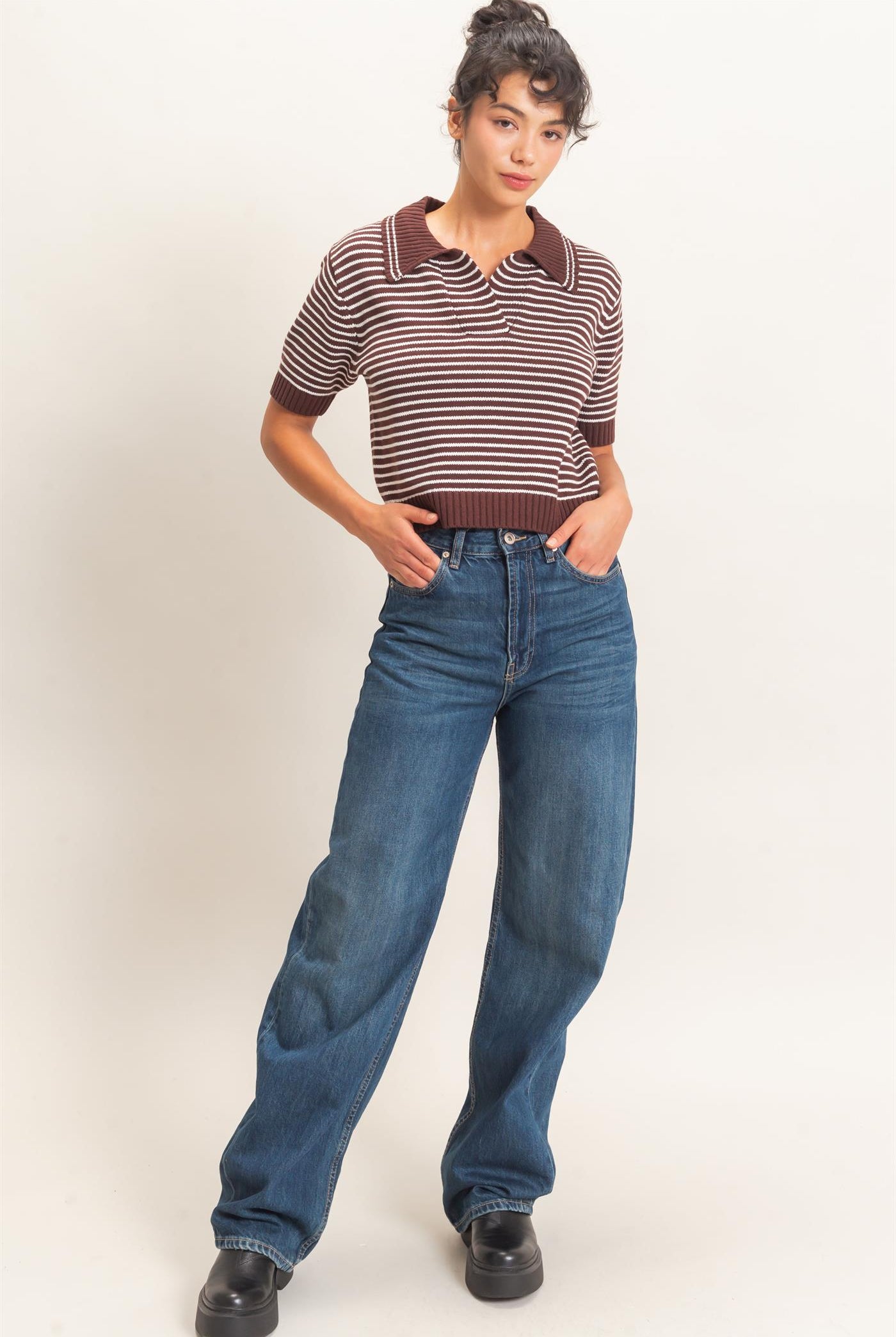Wholesale Striped Short Sleeve Collar Knit Top Clothing Tops DZ26E261 DARK BROWN DOUBLE ZERO