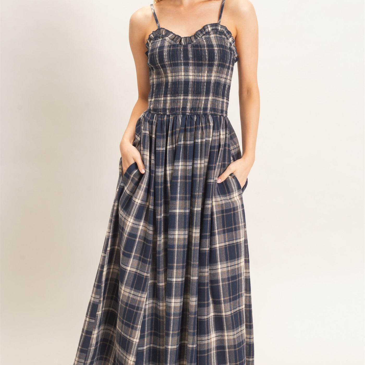 Wholesale Plaid Smocked Maxi Dress Dresses HF26C898 NAVY HYFVE