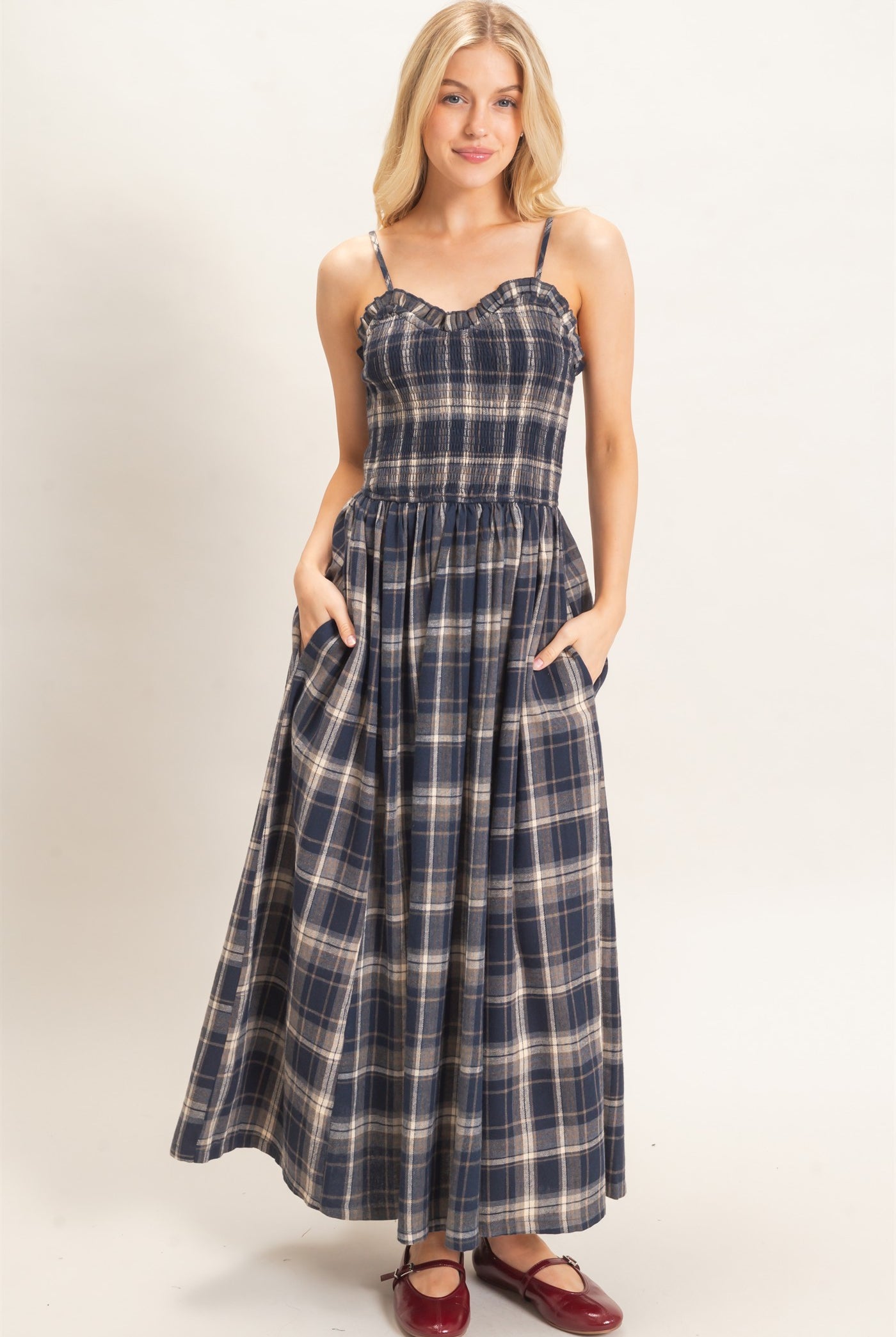 Wholesale Plaid Smocked Maxi Dress Dresses HF26C898 NAVY HYFVE