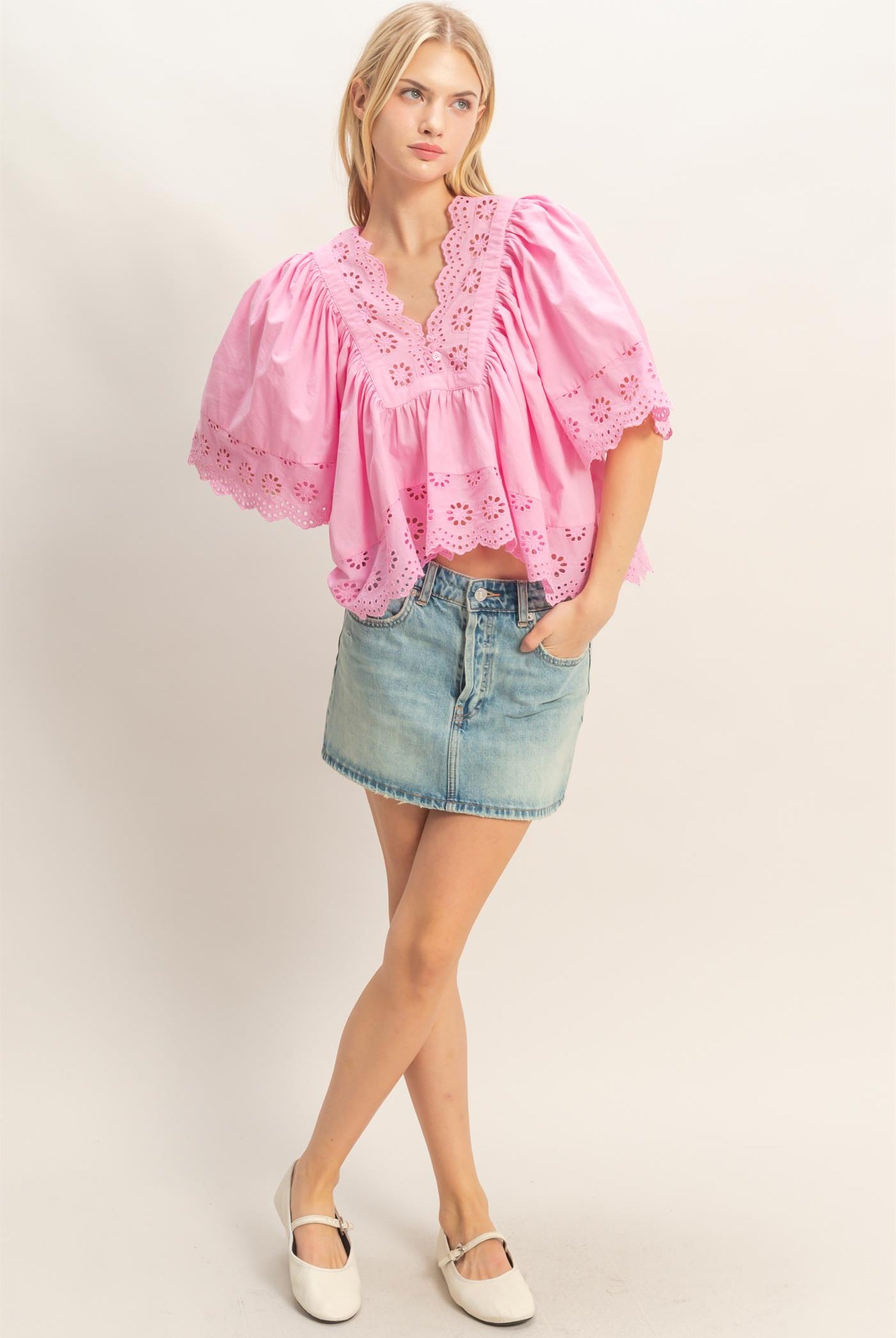 Wholesale Scalloped Eyelet Babydoll Top Clothing Tops HF26C293 PINK HYFVE