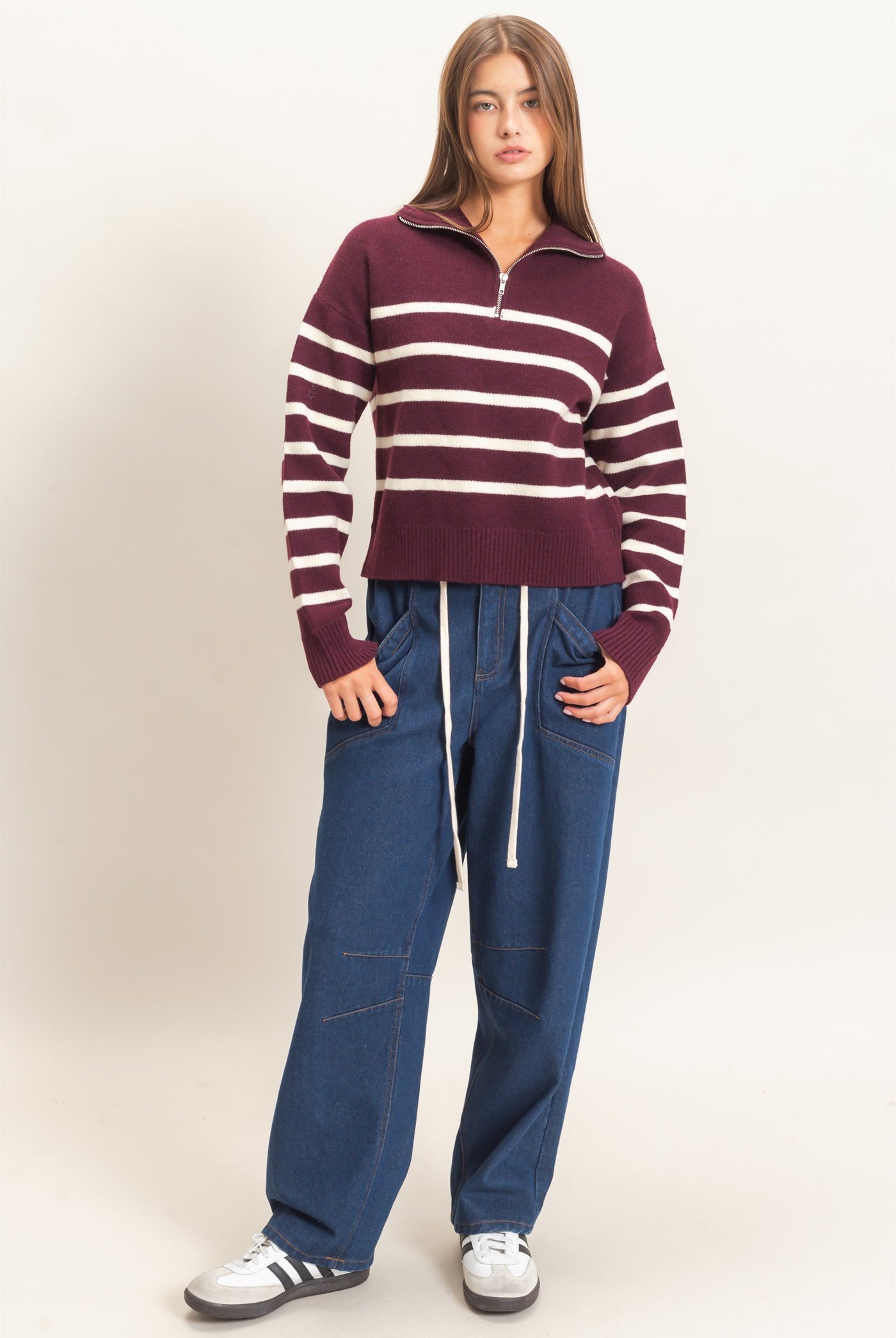 Wholesale Half-Zip Collared Stripe Sweater Sweaters DZ26E950 DARK CHERRY DOUBLE ZERO