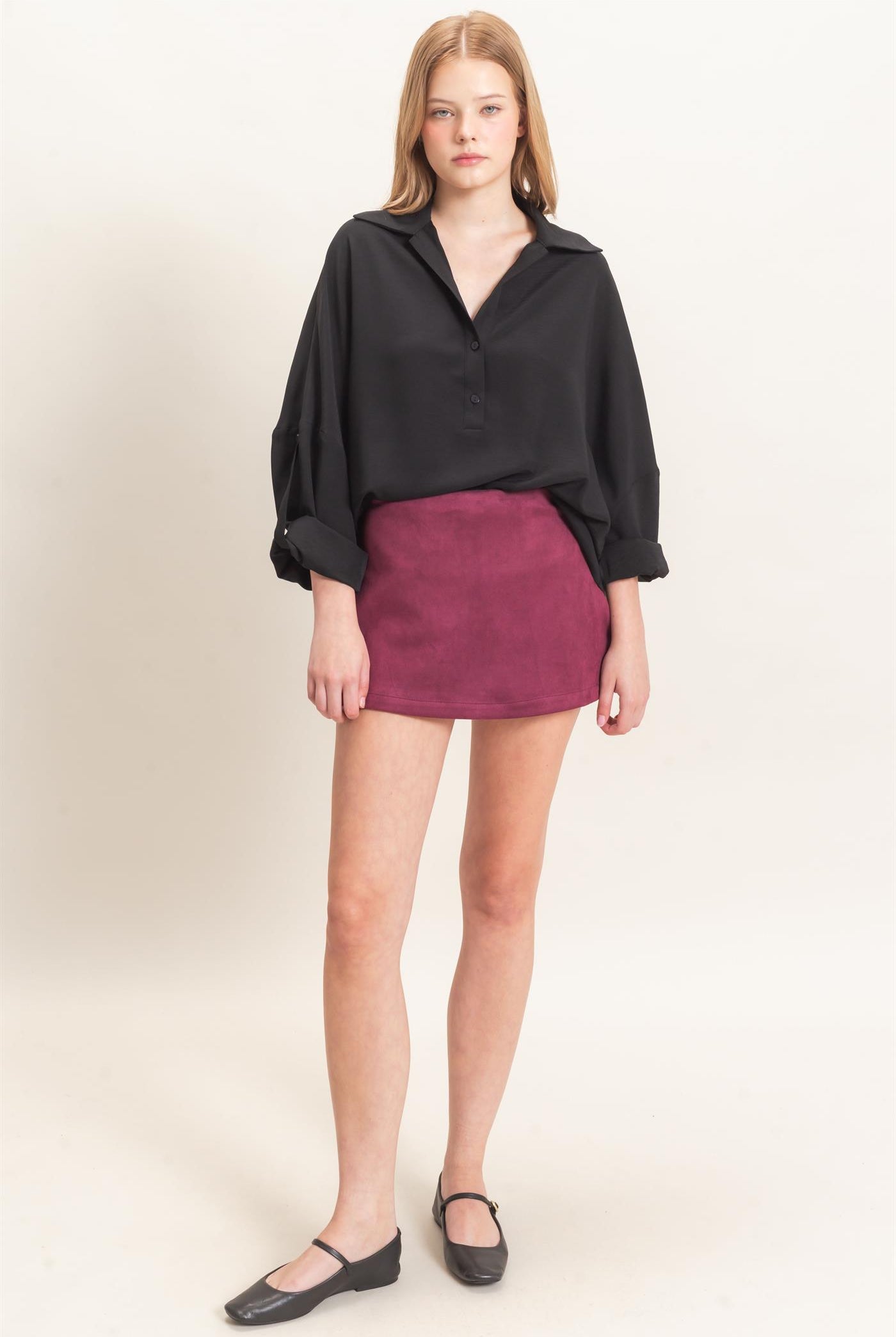 Wholesale Faux Suede Skort Skorts HF26F220 BURGUNDY HYFVE