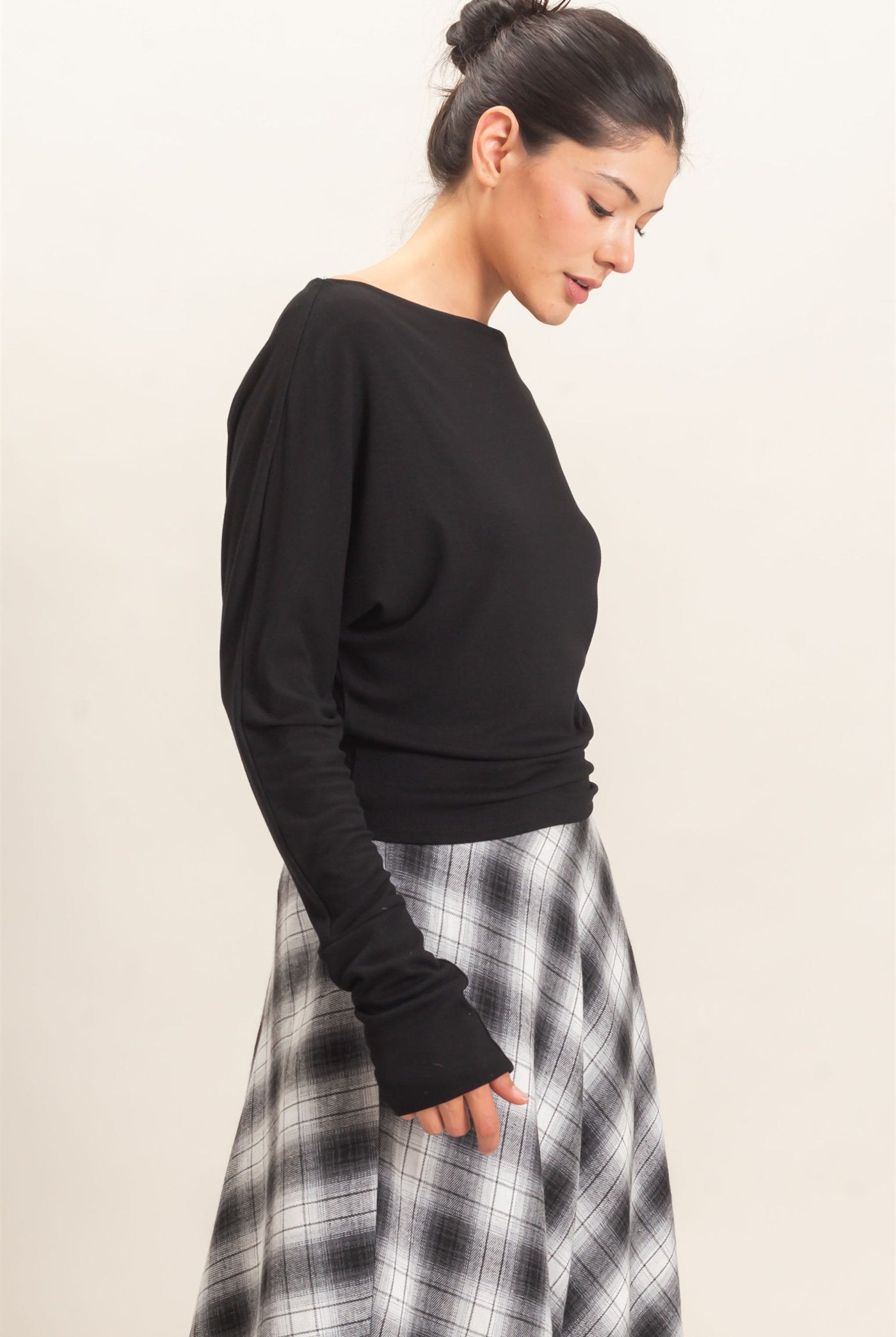 Wholesale Wide Boat Neck Dolman Sleeve Top Shirts HF26C883 BLACK HYFVE