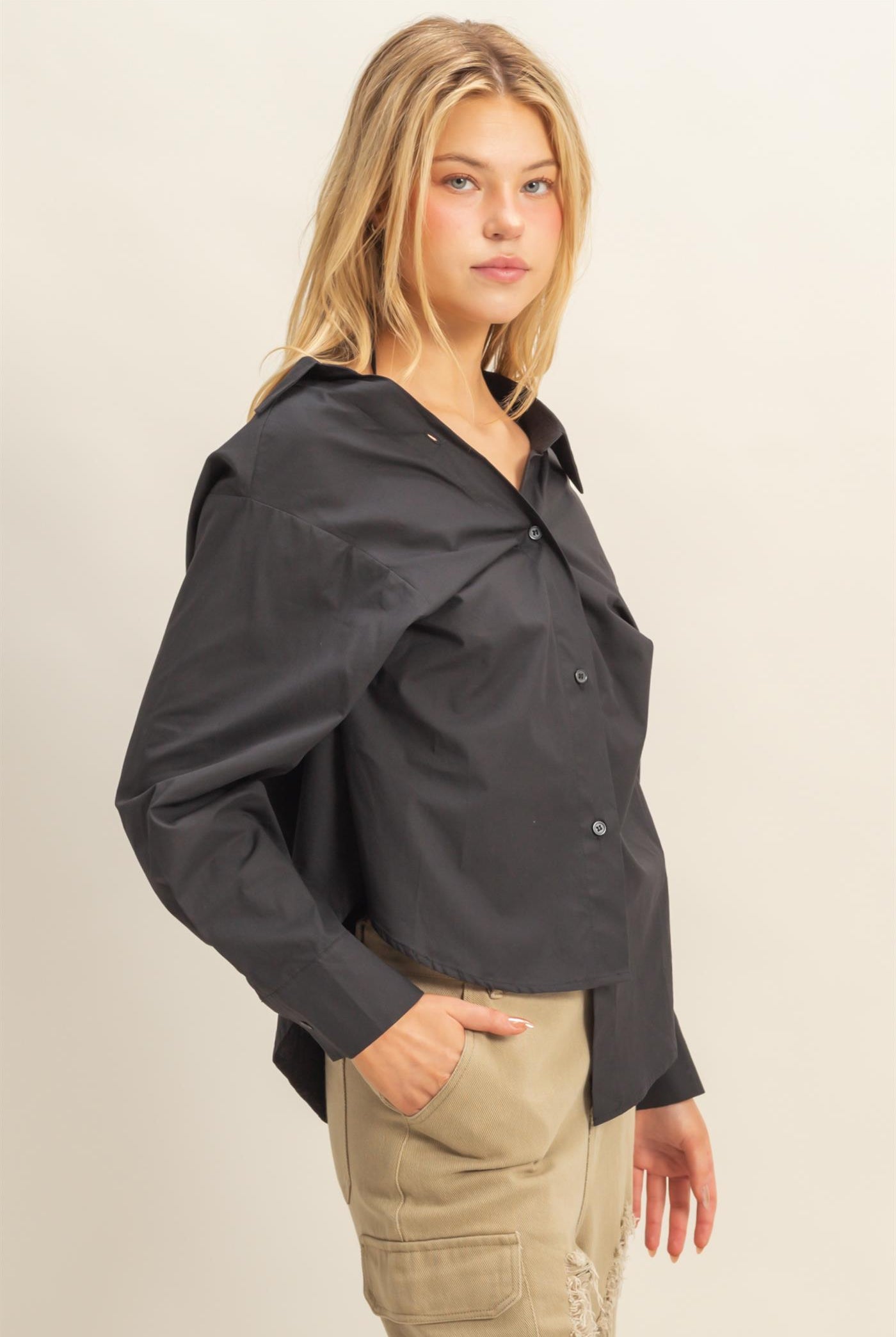 Wholesale Off-The-Shoulder Asymmetrcal Button-Up Shirt Clothing Tops HF22G139 BLACK HYFVE