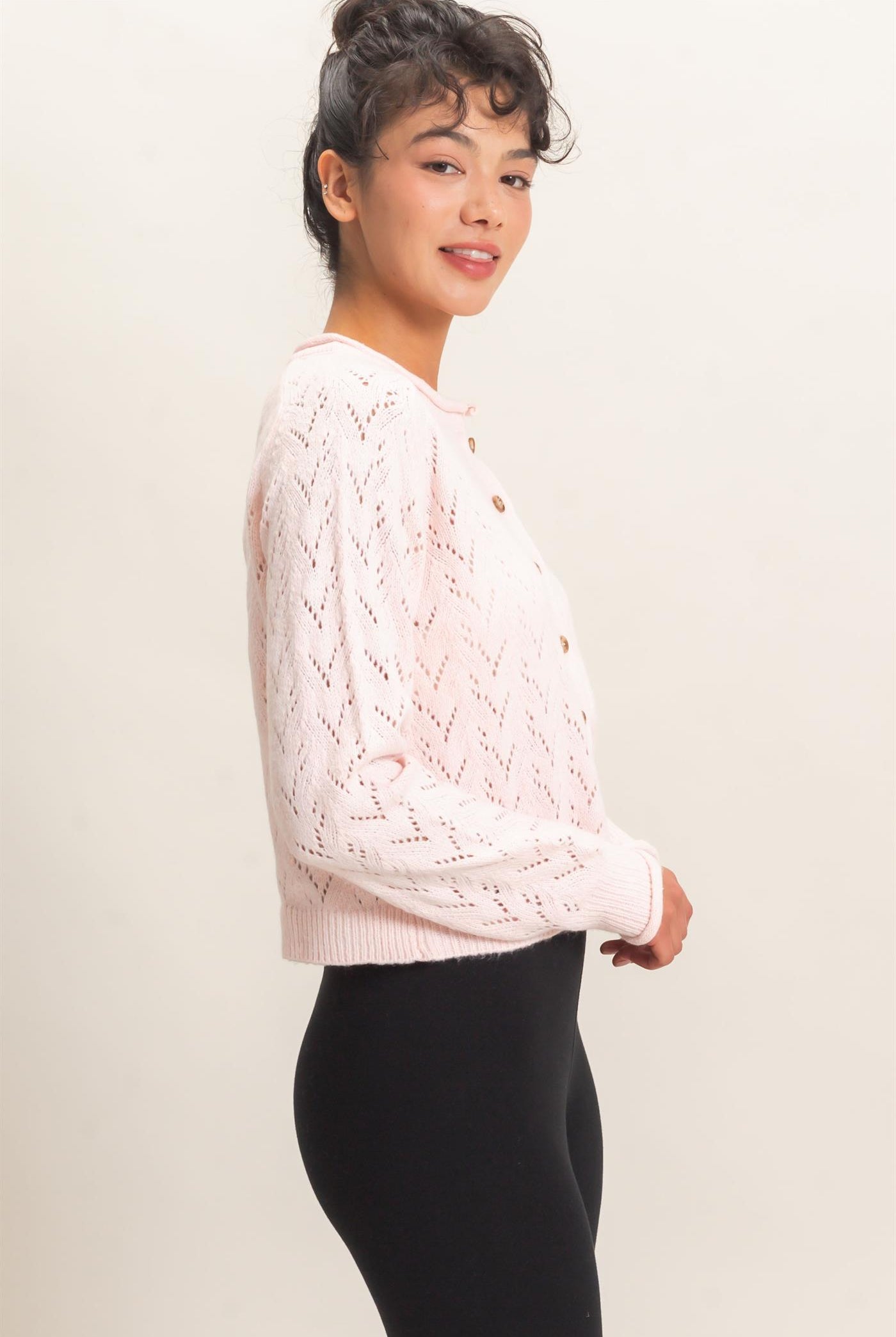 Wholesale Pointelle Knit Button Front Cardigan Cardigans DZ26C978 LIGHT PINK DOUBLE ZERO