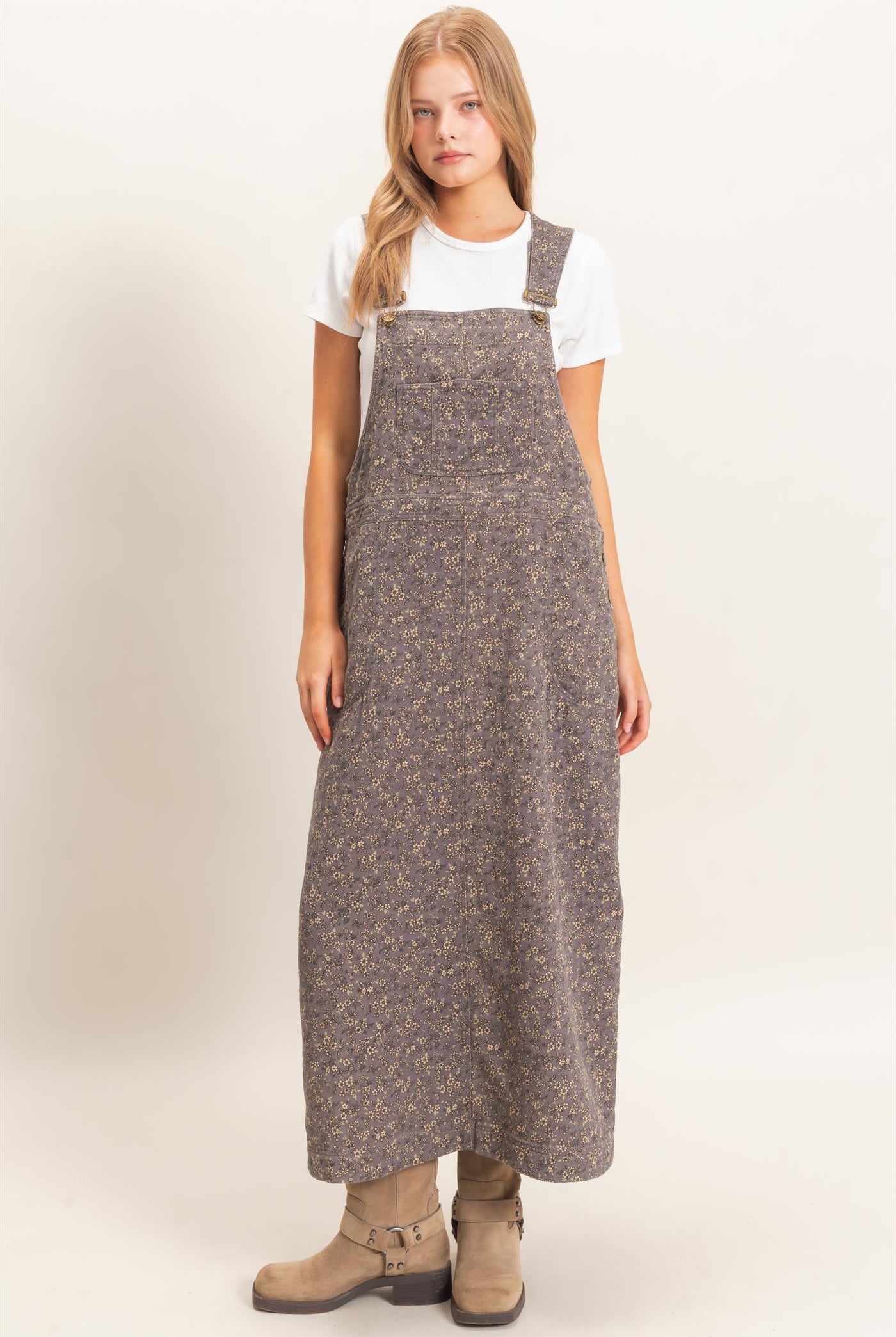 Wholesale Floral Garment Wash Overall Dress Dresses HF26C838 ASH HYFVE